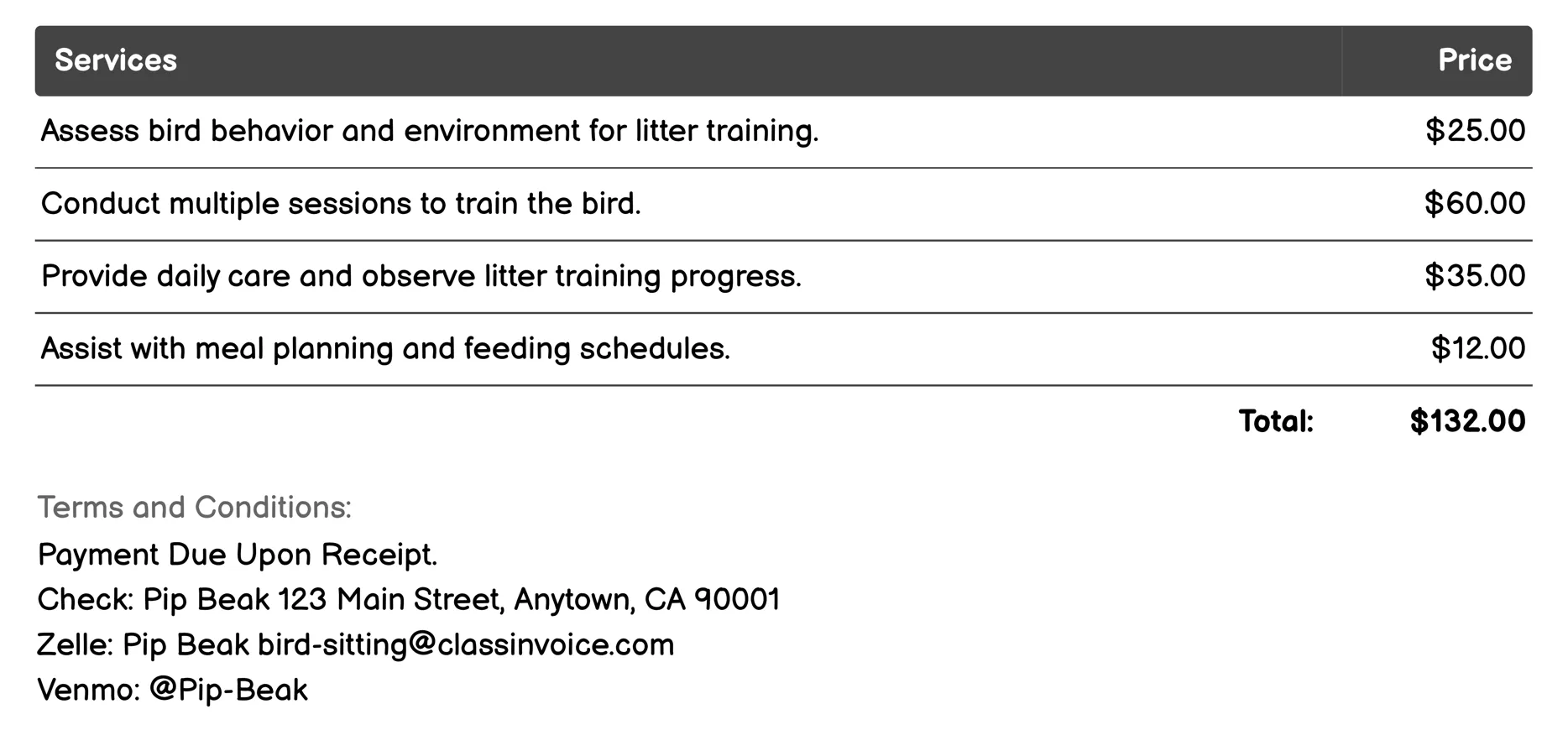 Litter Training Assistance Invoice Example
