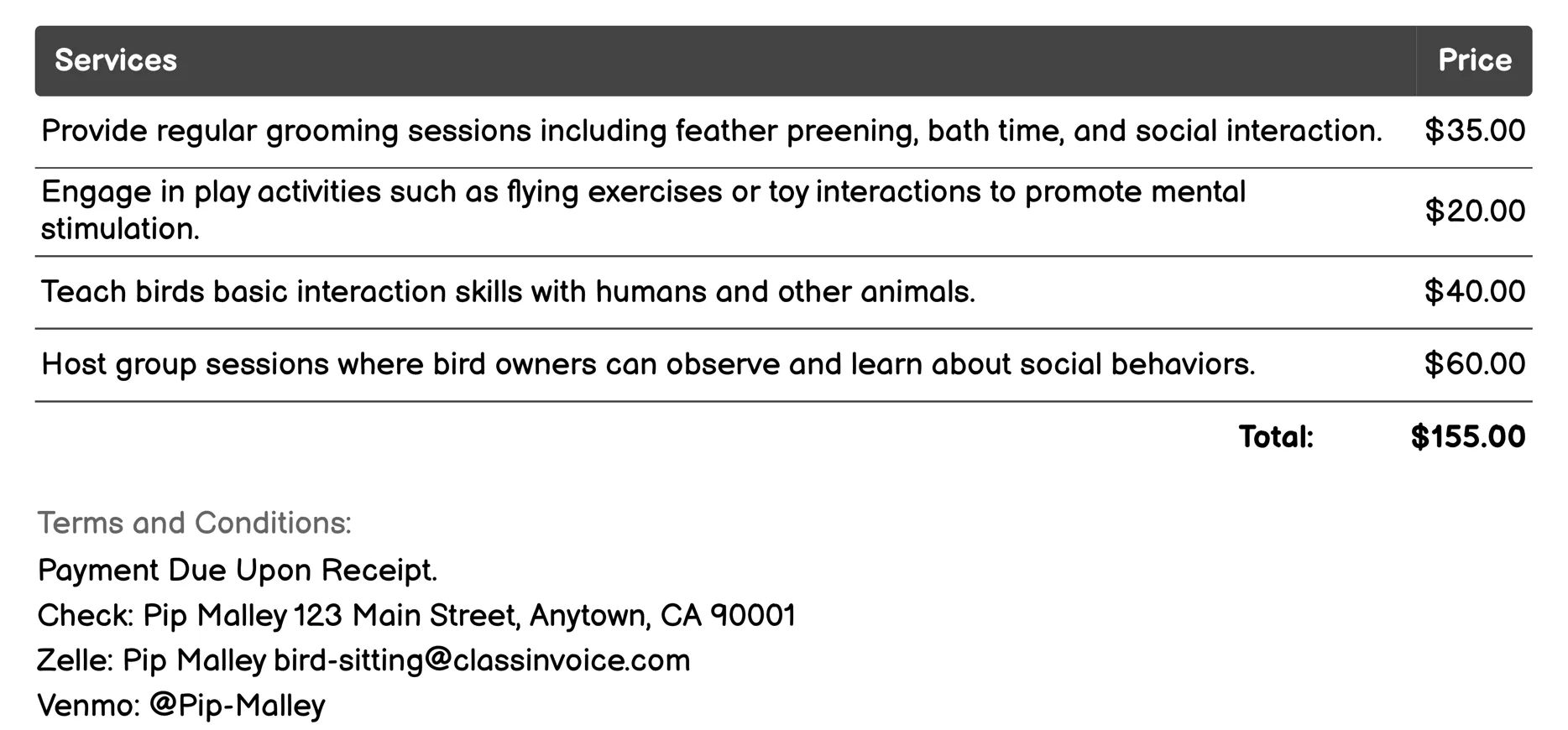 Social Interaction Invoice Example