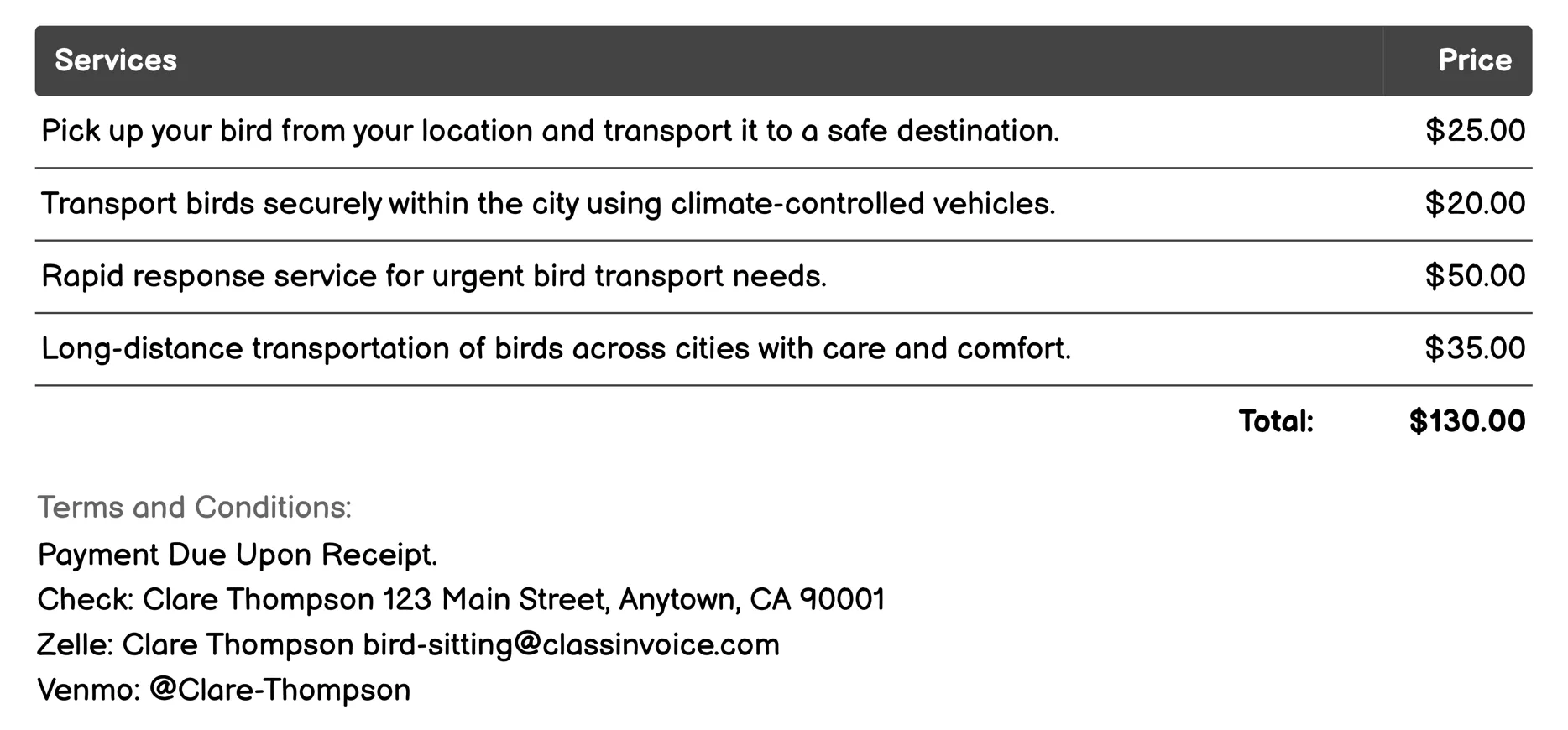 Transportation Service Invoice Example