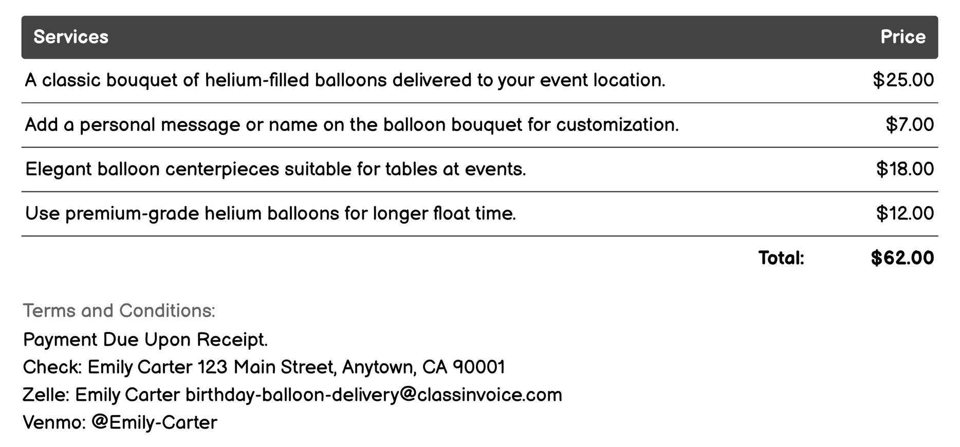 Balloon Bouquets and Centerpieces Invoice Example