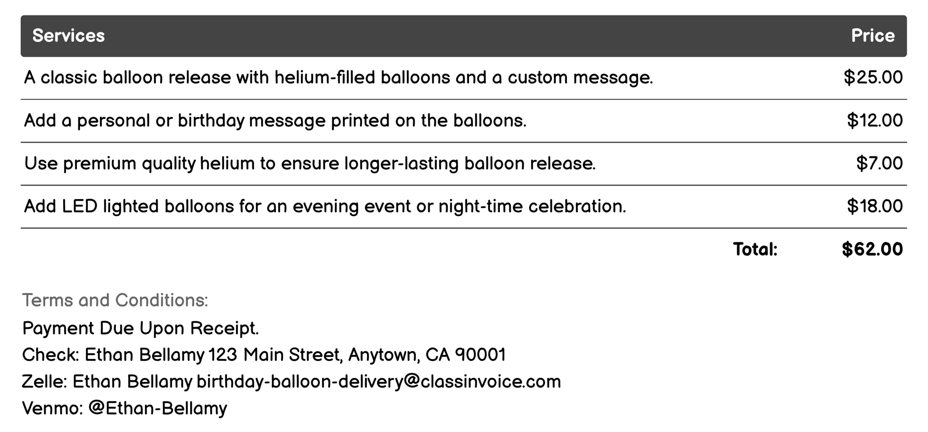 Balloon Release Packages Invoice Example