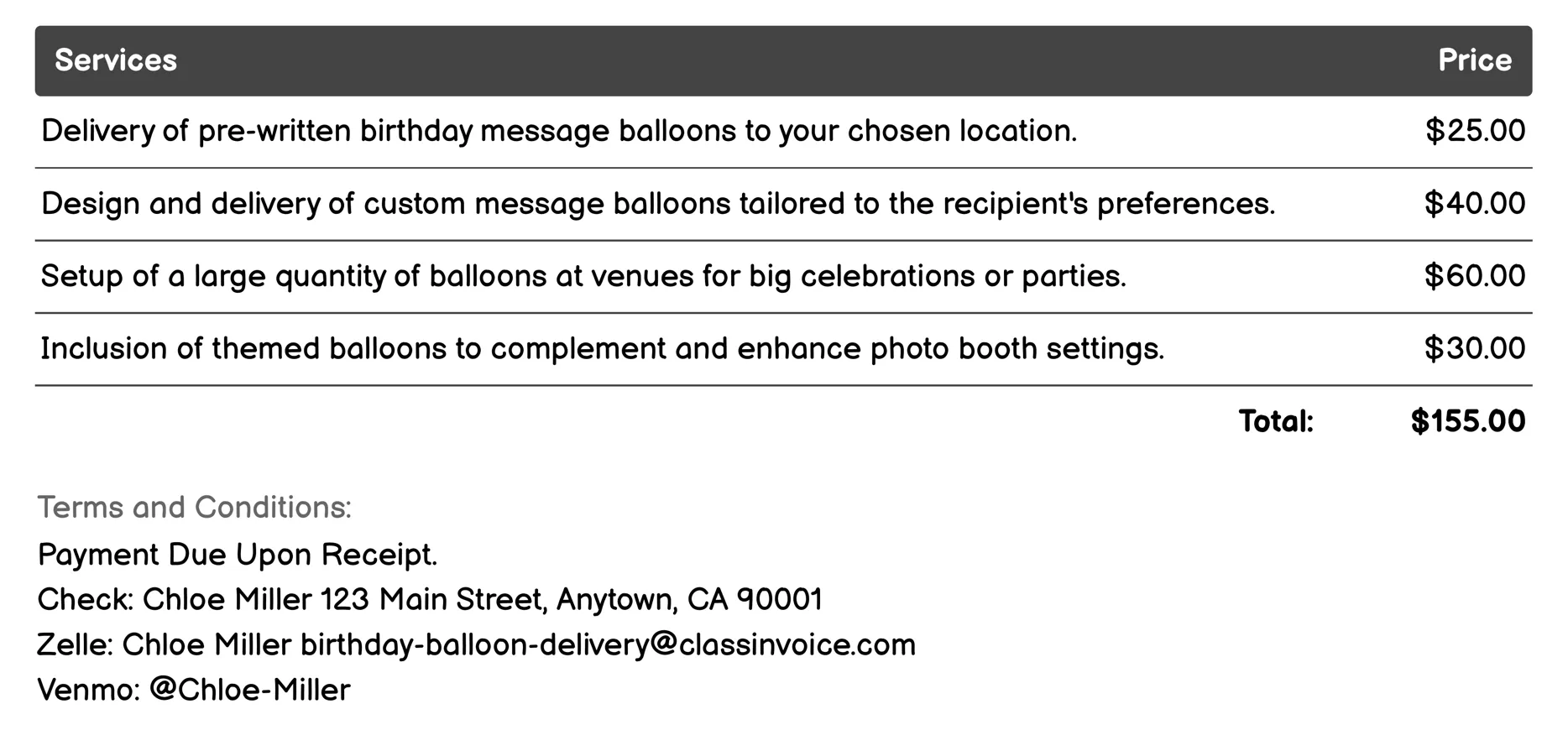 Birthday Message Balloons Invoice Example