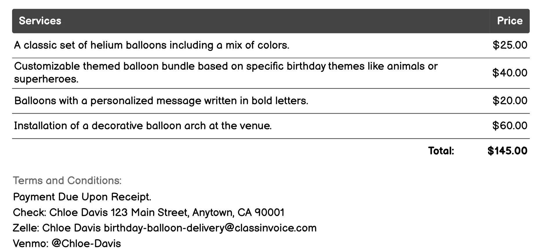 Helium Balloon Bundles Invoice Example