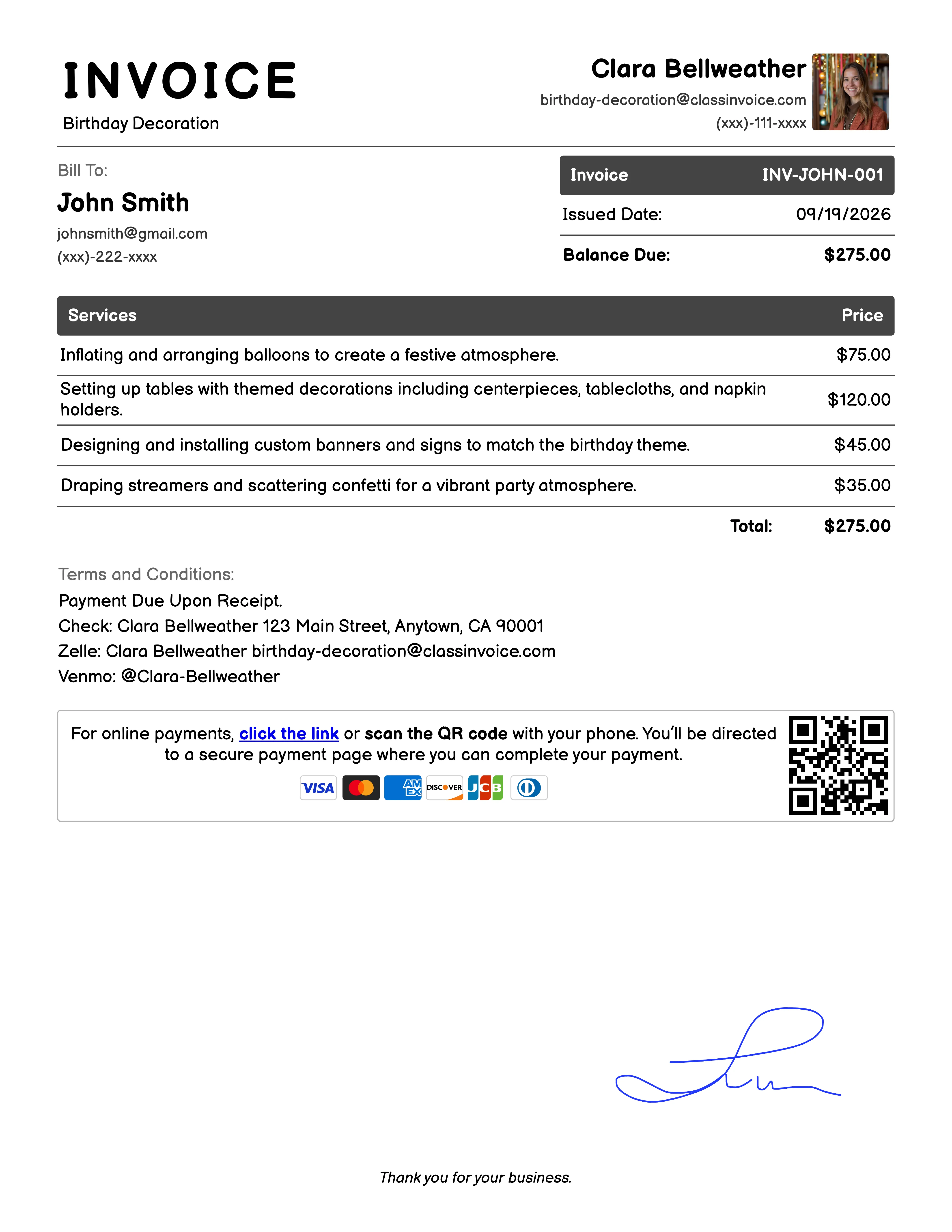 Birthday Decoration Invoice Example