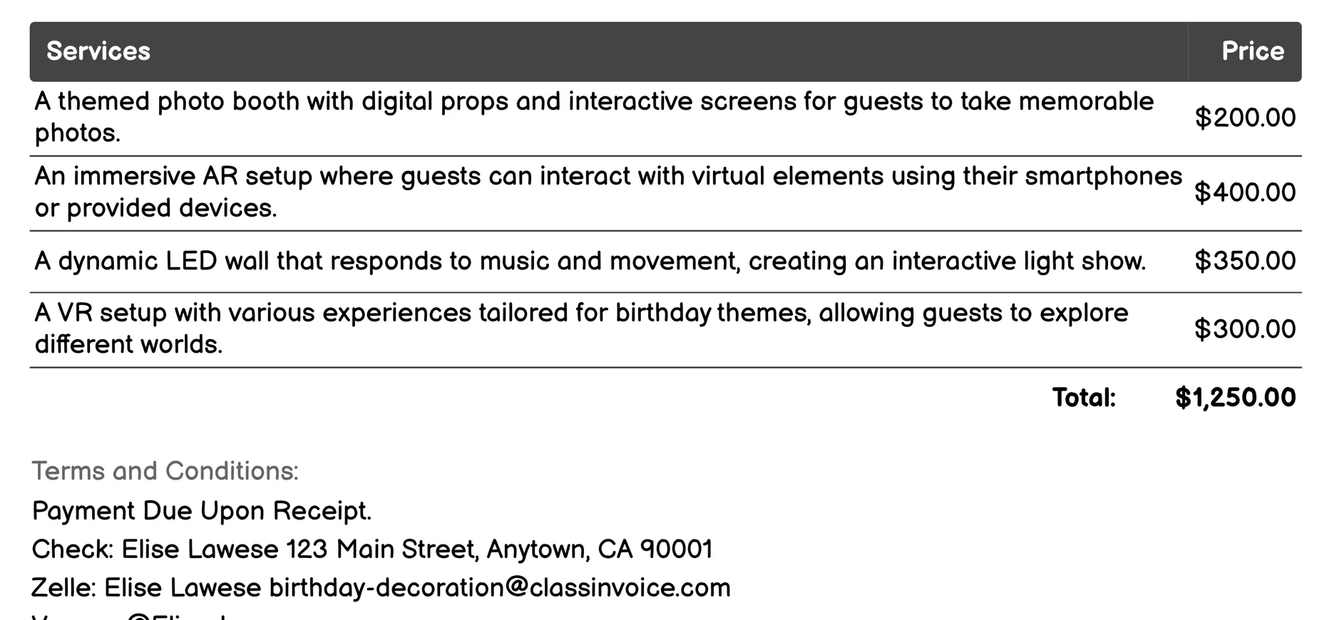 Interactive Installations Invoice Example