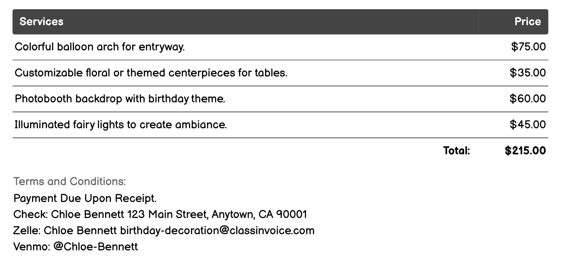 Venue Decoration Invoice Example