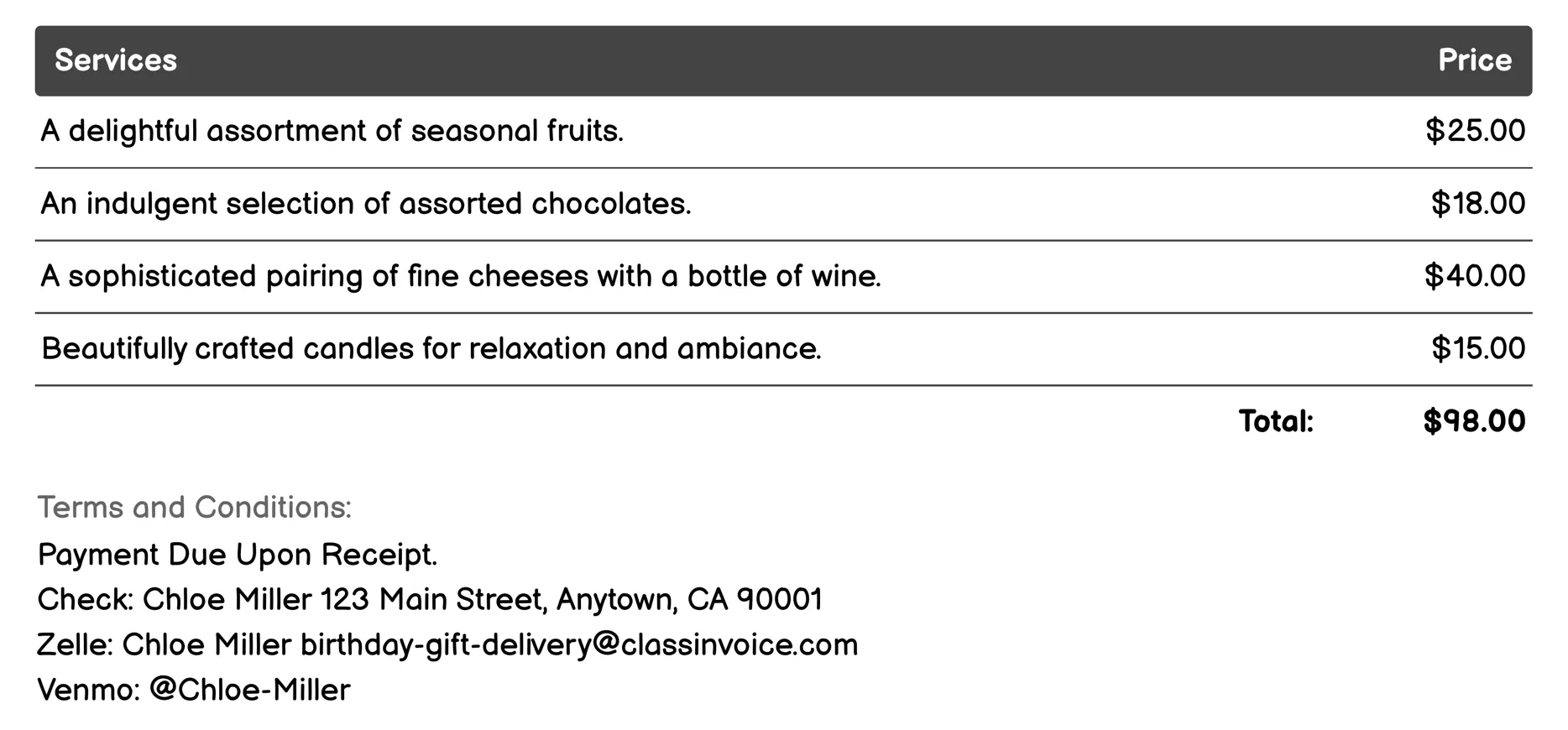 Gift Baskets Invoice Example