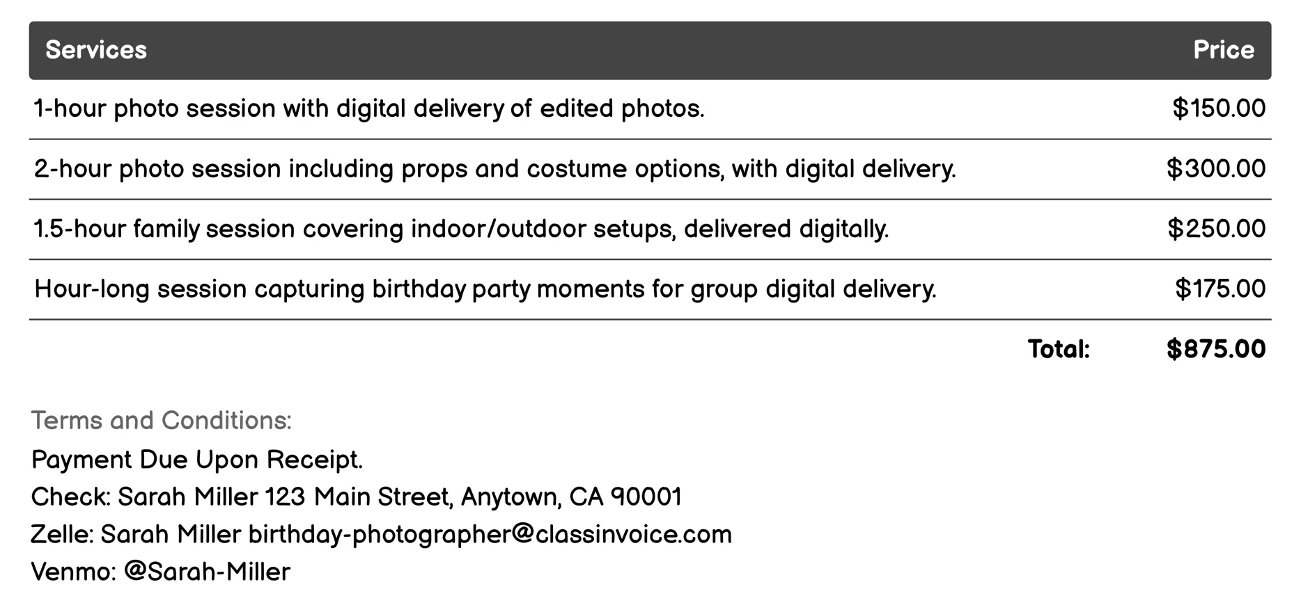 Digital Photo Delivery Invoice Example