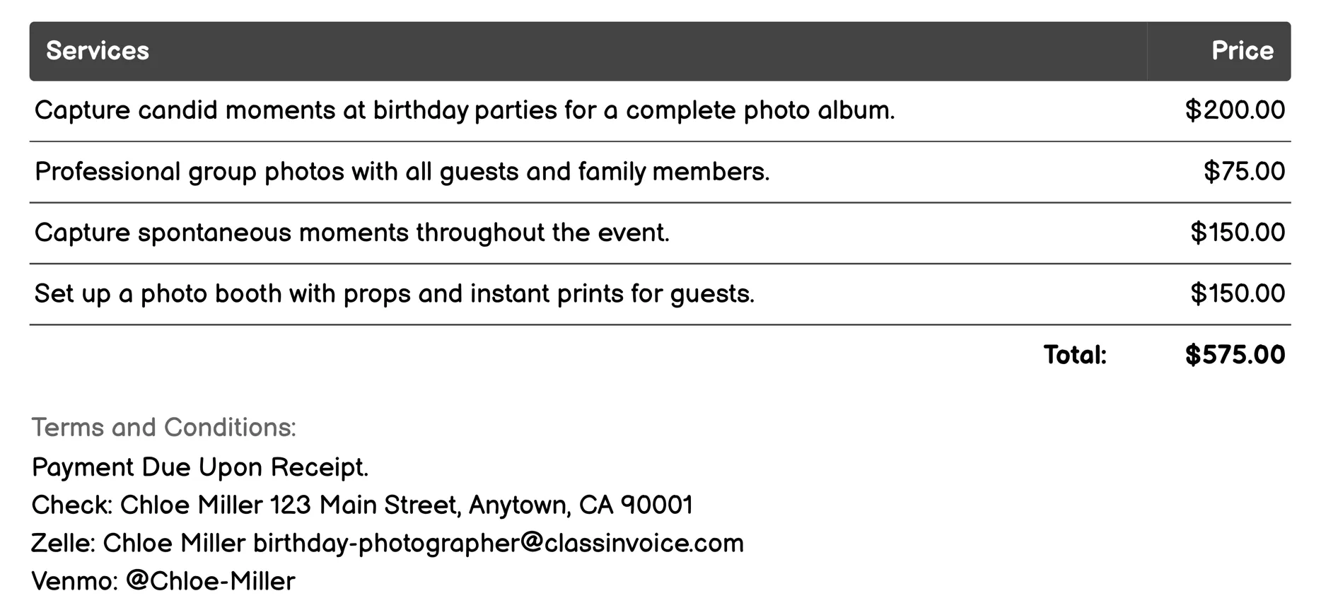 Event Photography Invoice Example
