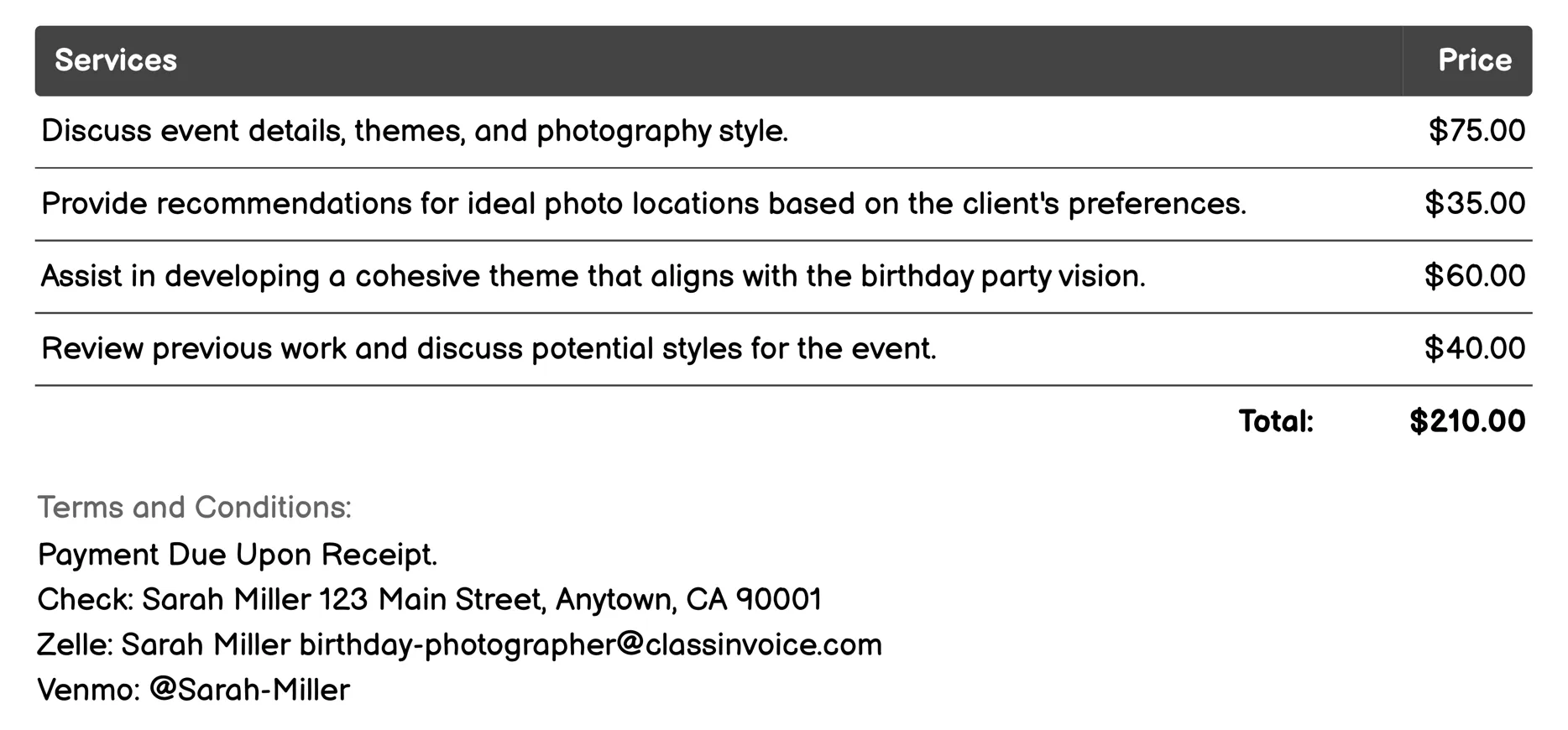 Pre-Event Consultation Invoice Example