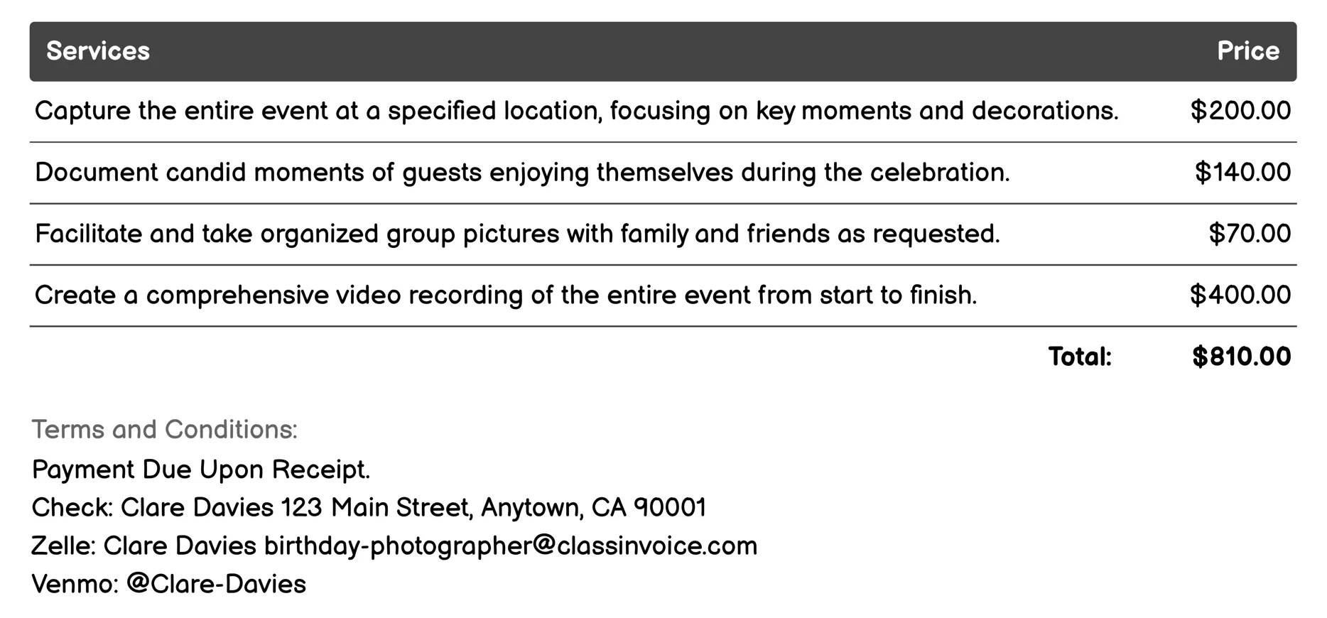 Video Documentation Invoice Example