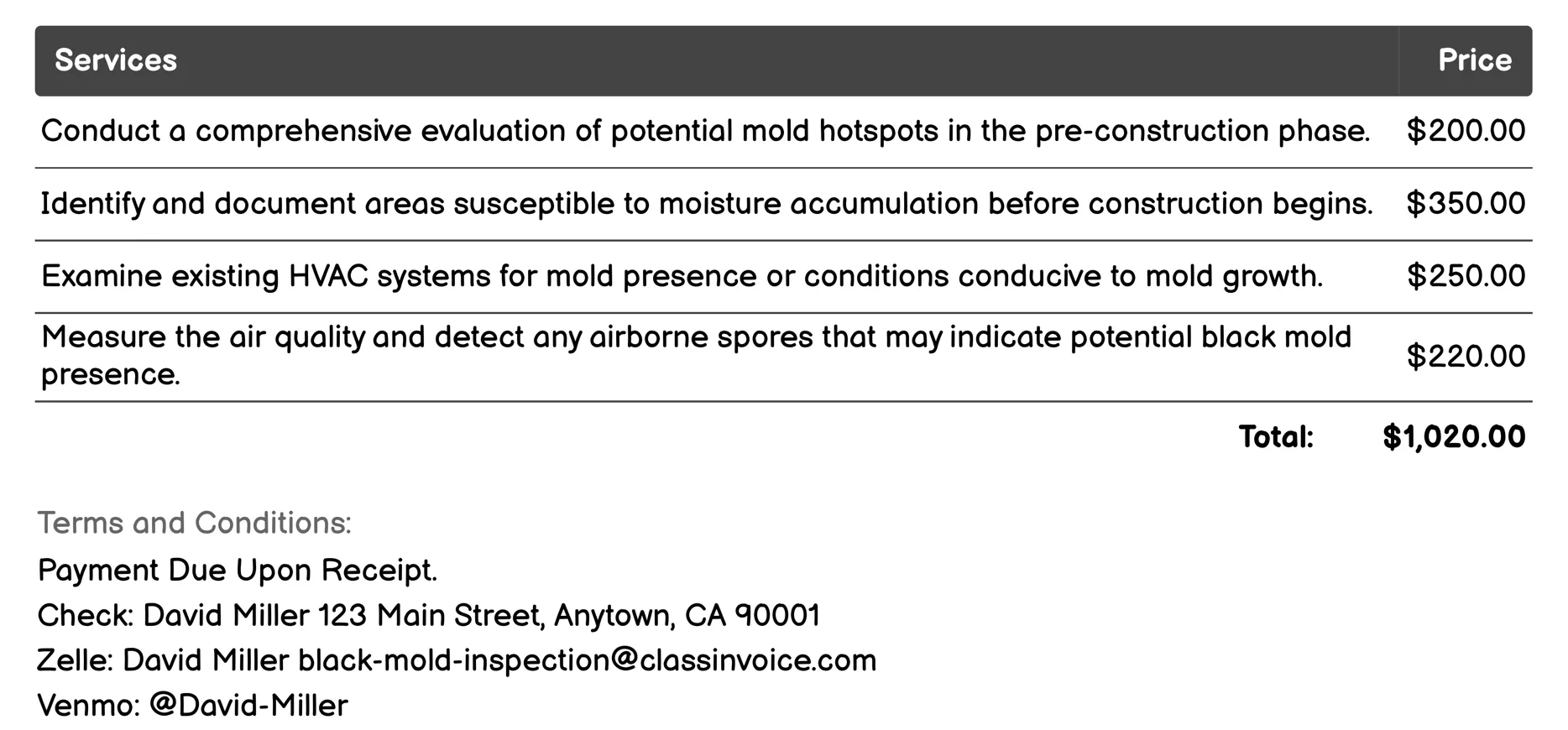 Pre-Construction Inspection Invoice Example