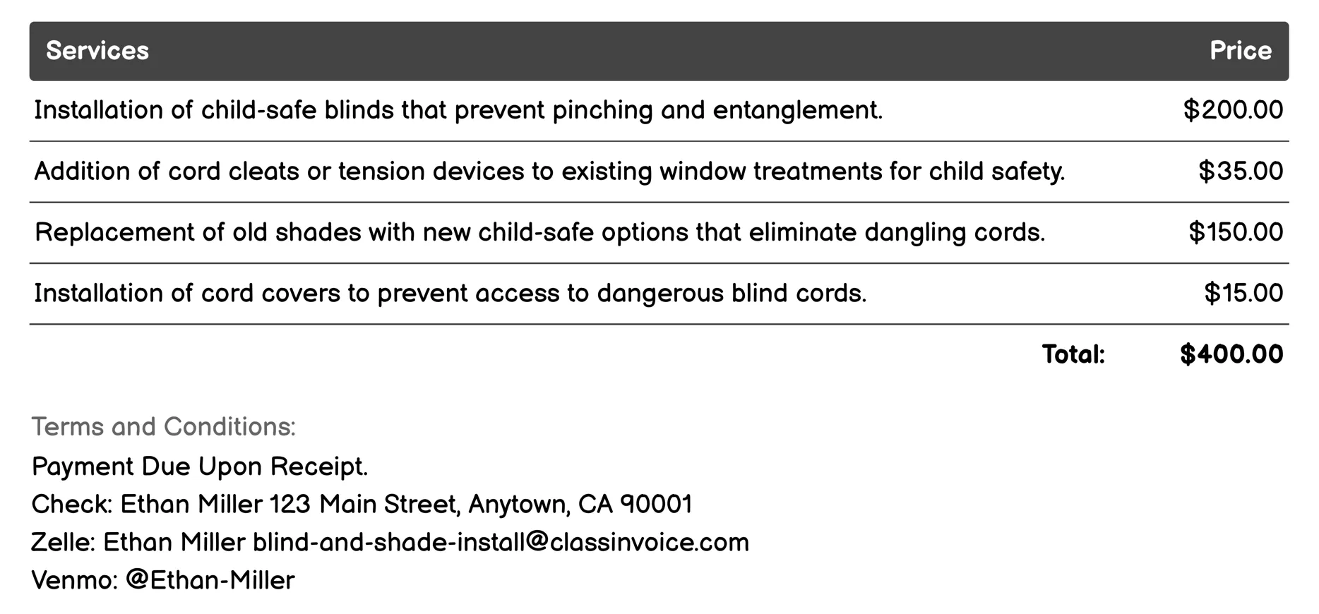 Child Safety Blind and Shade Solutions Invoice Example