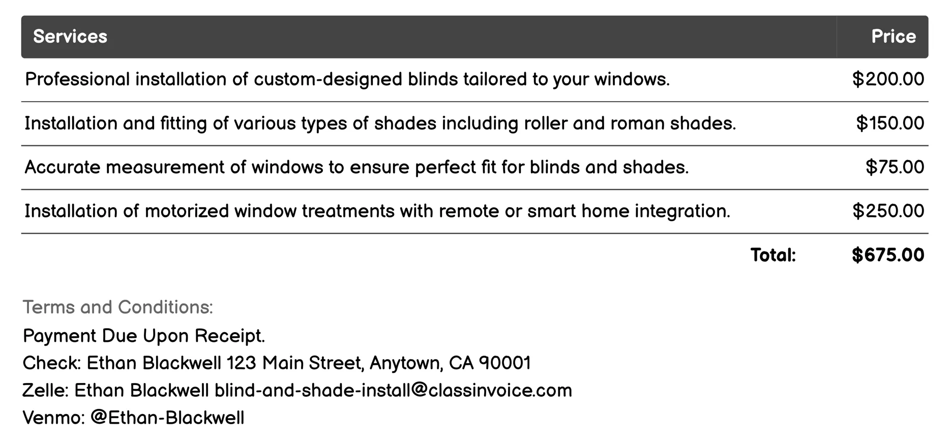 Luxury Blinds and Shades Installation Invoice Example