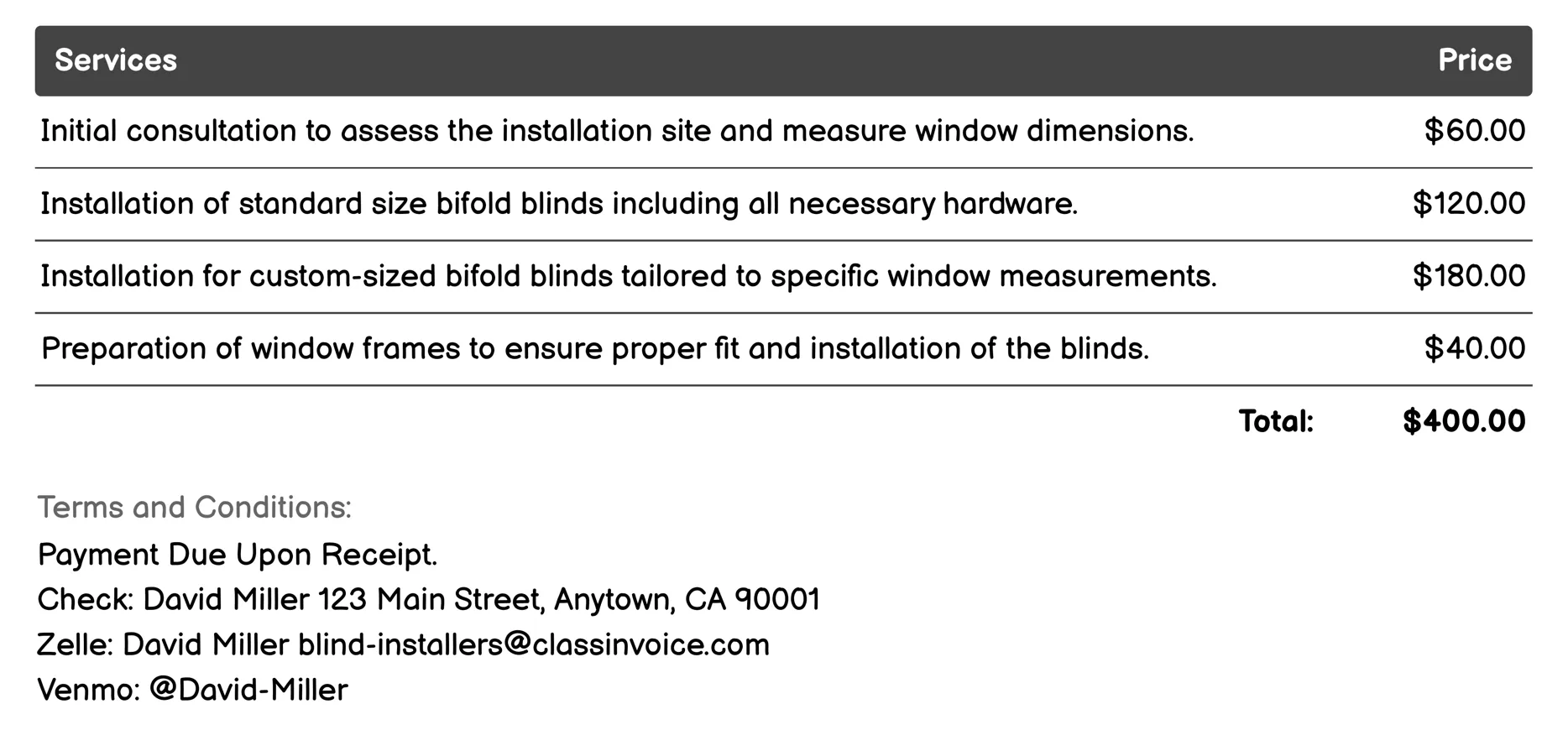 Bifold Blind Installation Invoice Example