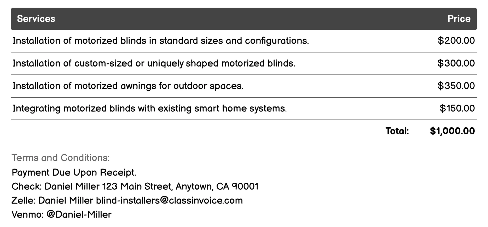 Motorized Blind Installation Invoice Example