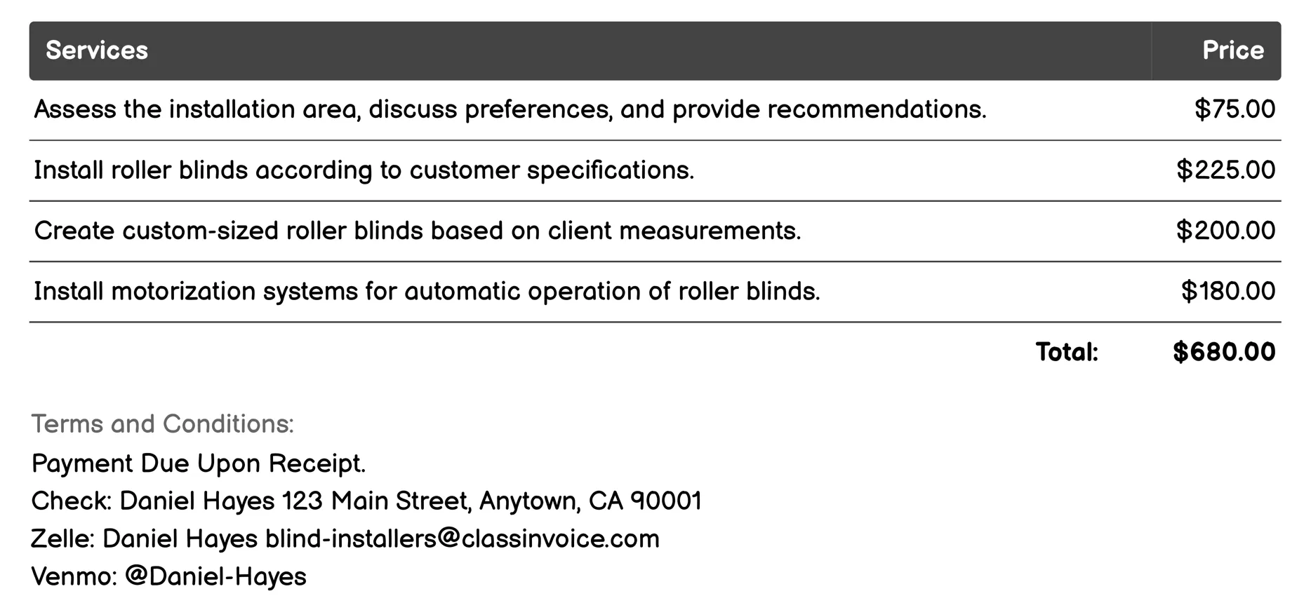 Roller Blind Installation Invoice Example