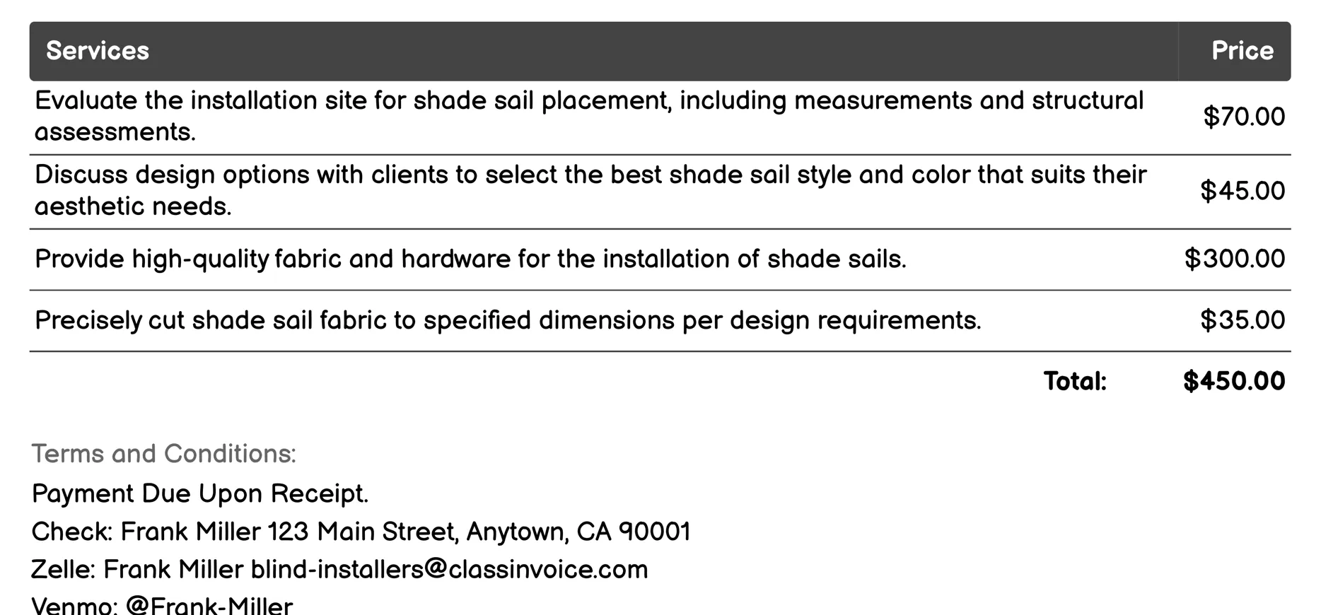Shade Sail Installation Invoice Example