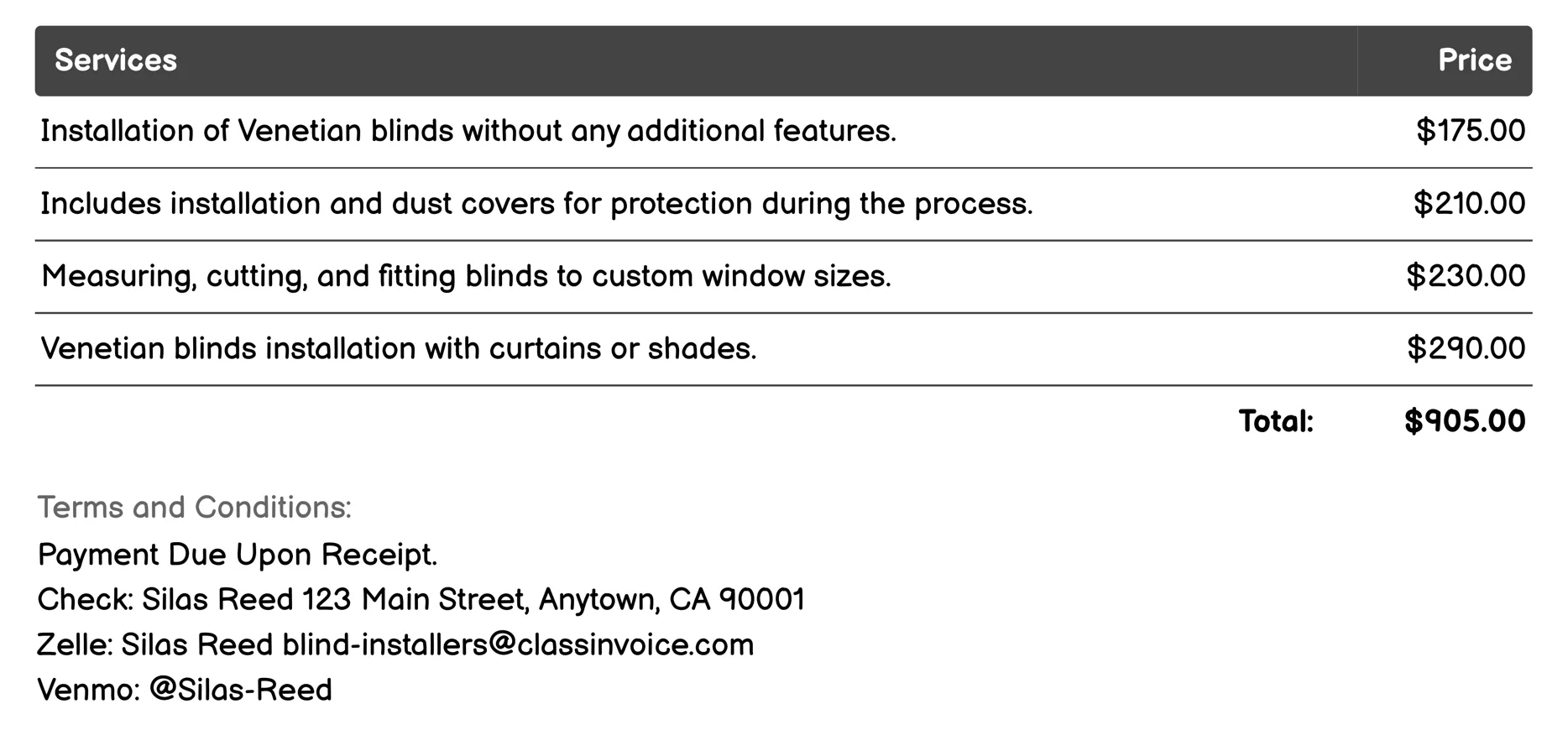 Venetian Blind Installation Invoice Example