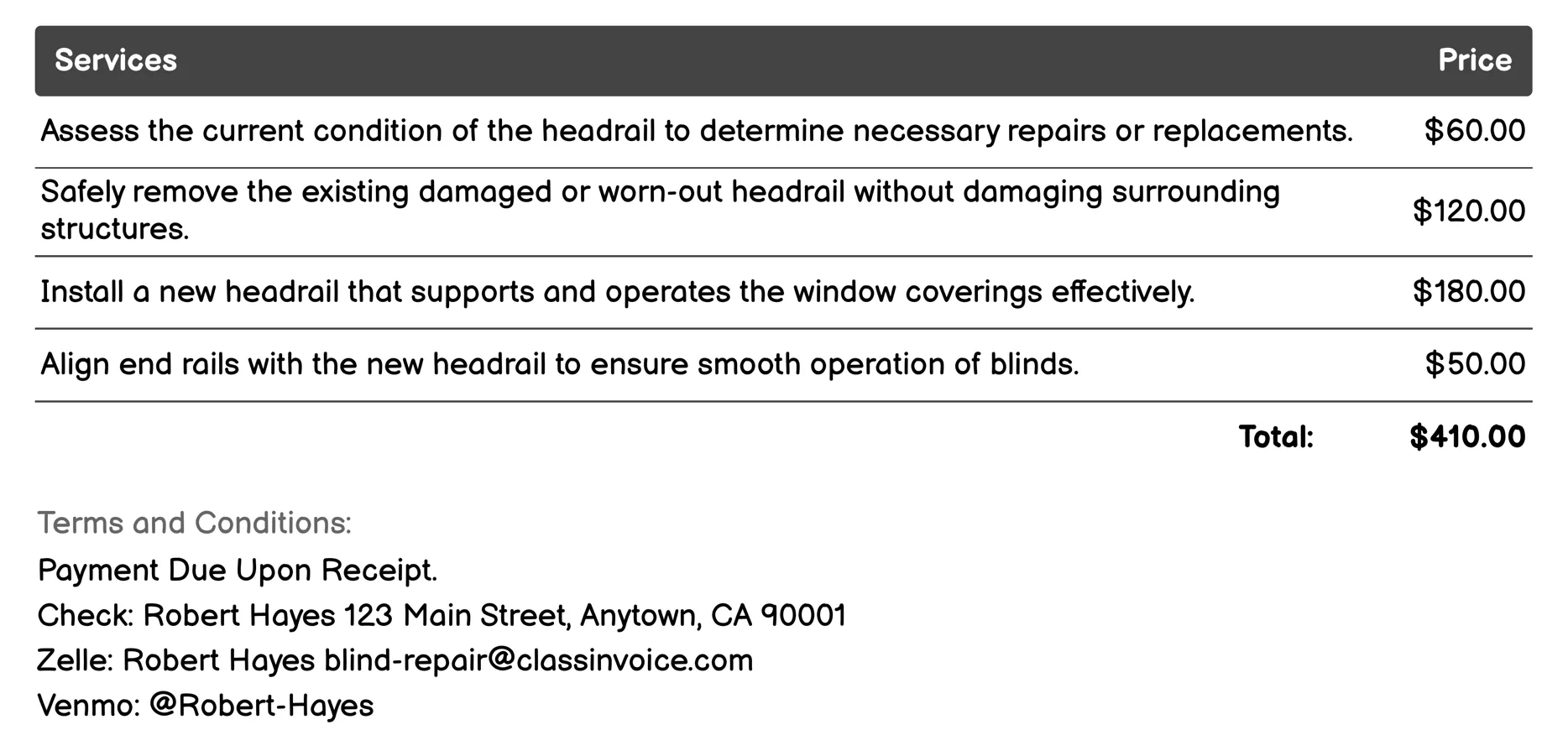 Headrail Replacement Invoice Example