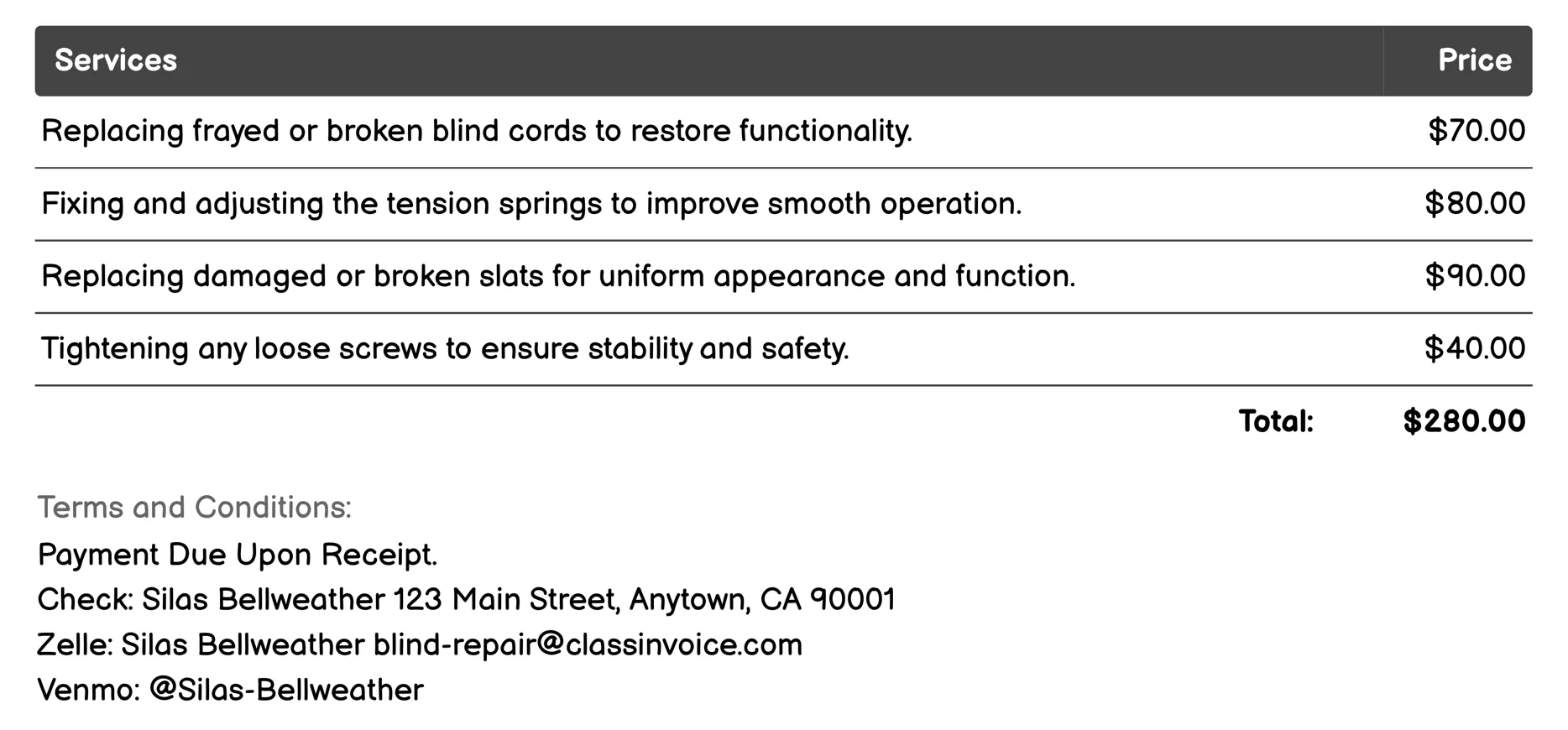 Shade Repair Invoice Example
