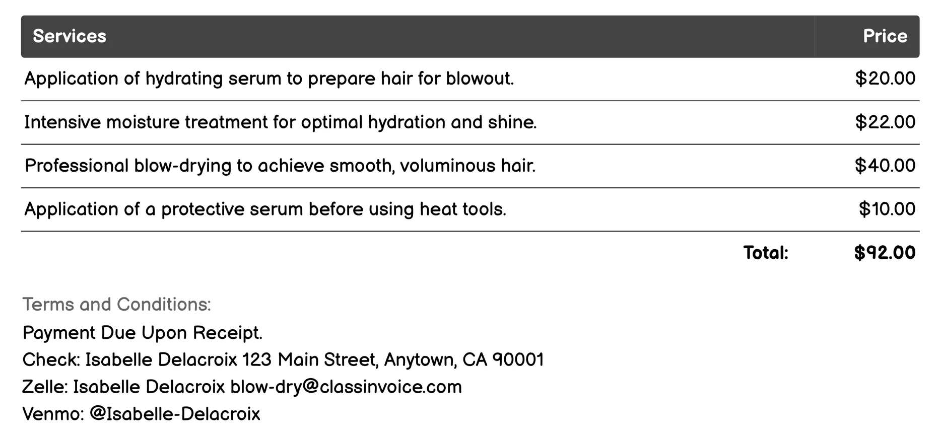 Hydrating Blowout Invoice Example