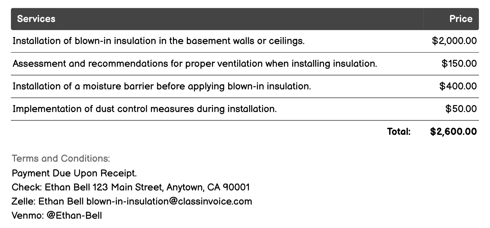 Basement Insulation Invoice Example