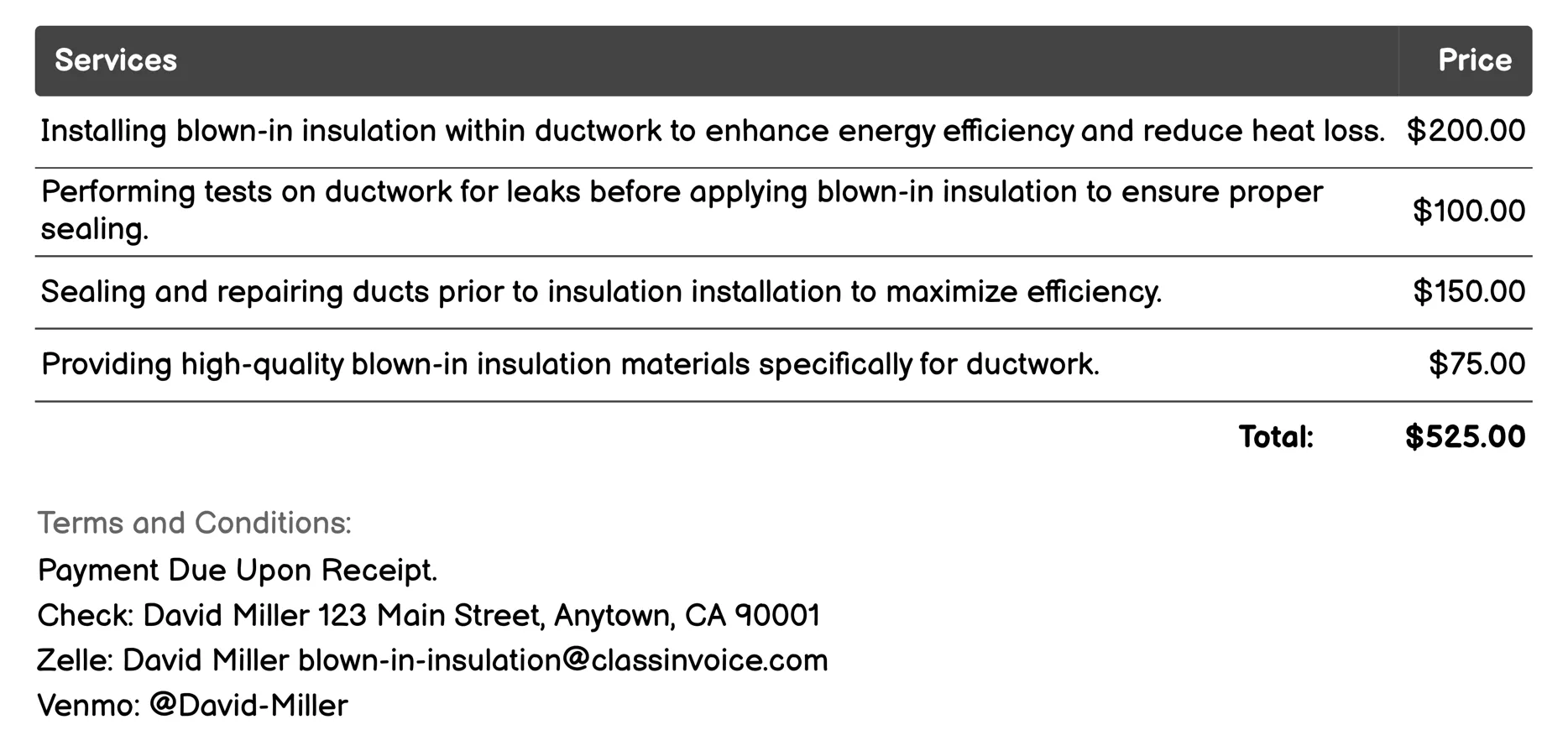 Ductwork Insulation Invoice Example