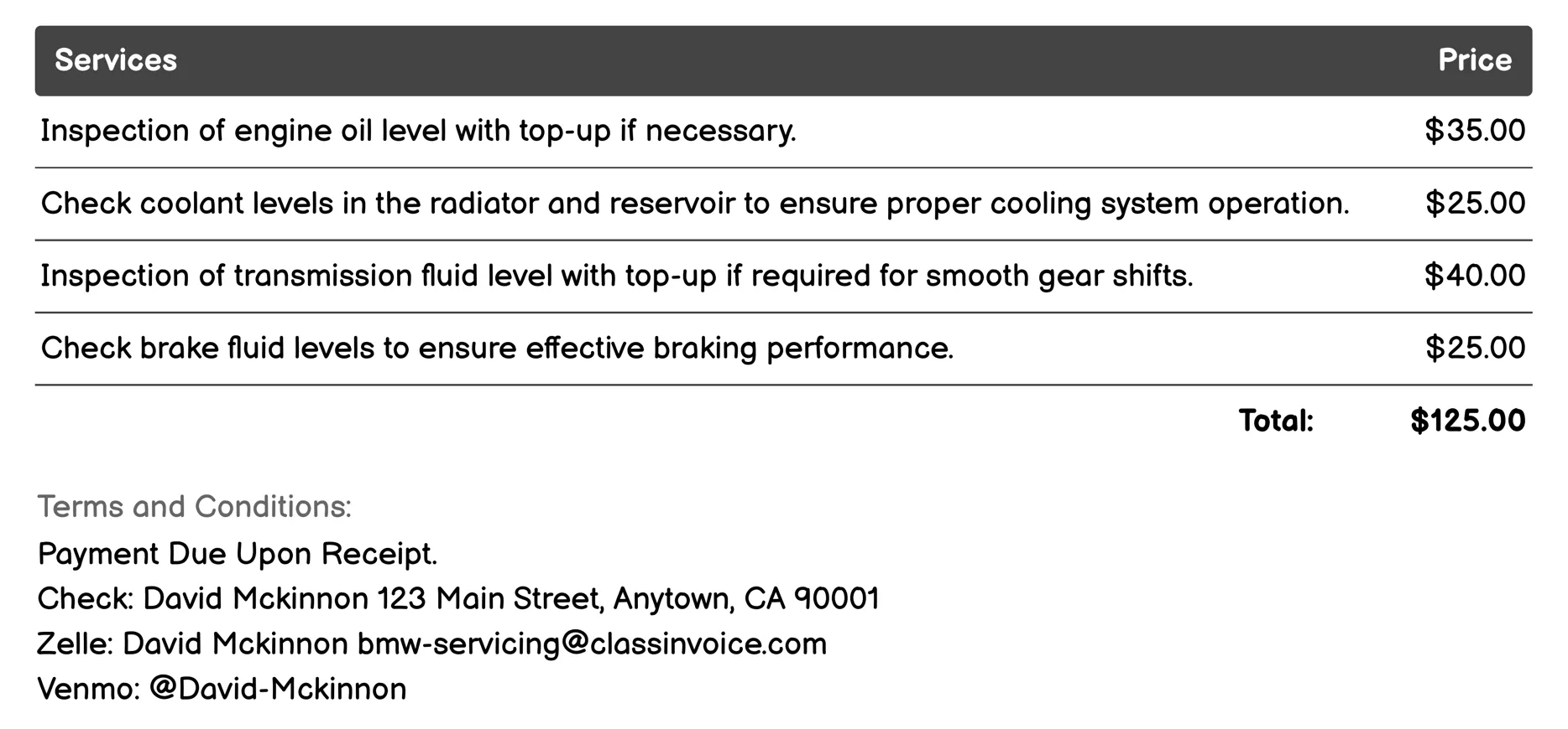 Fluid Check and Top-Up Invoice Example