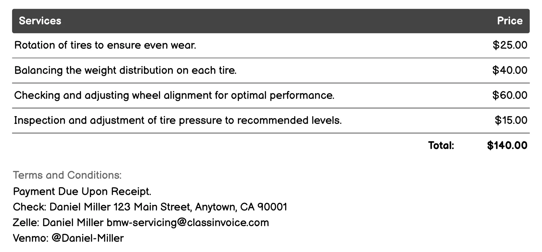 Tire Rotation and Balancing Invoice Example