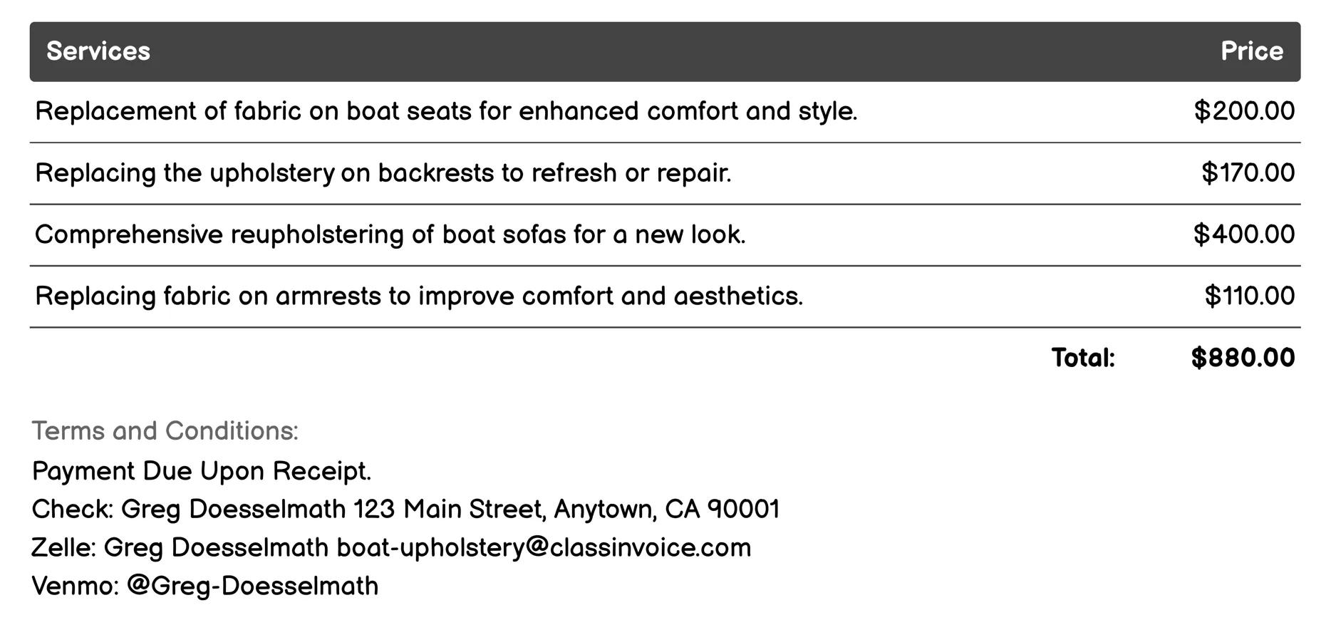 Fabric Reupholstering Invoice Example