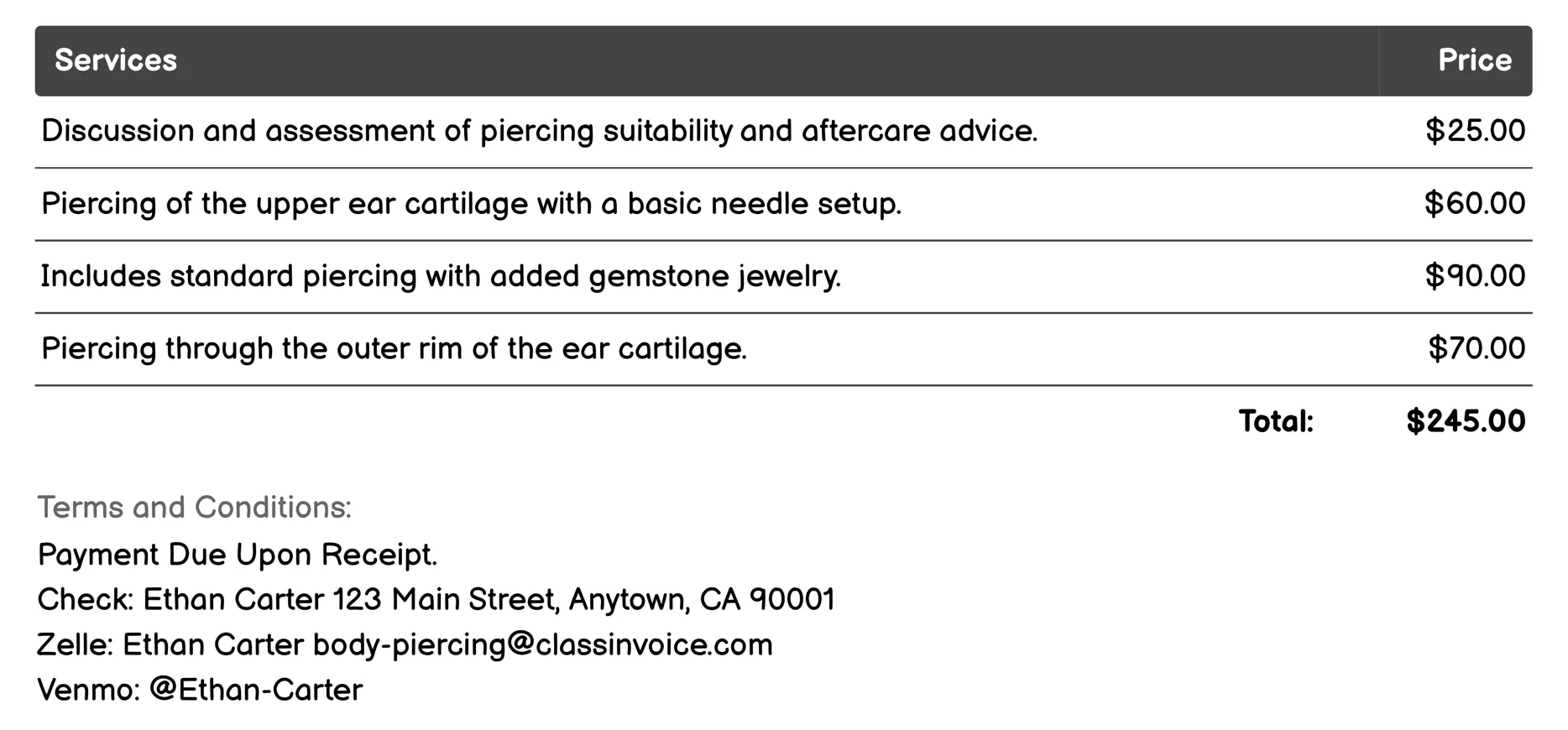 Cartilage Piercing Invoice Example