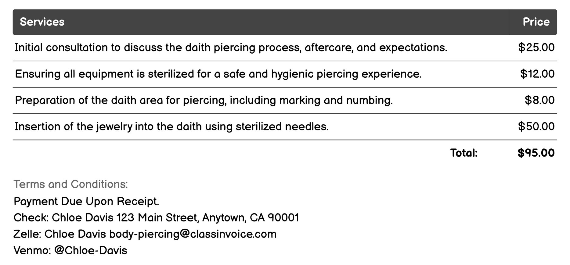 Daith Piercing Invoice Example