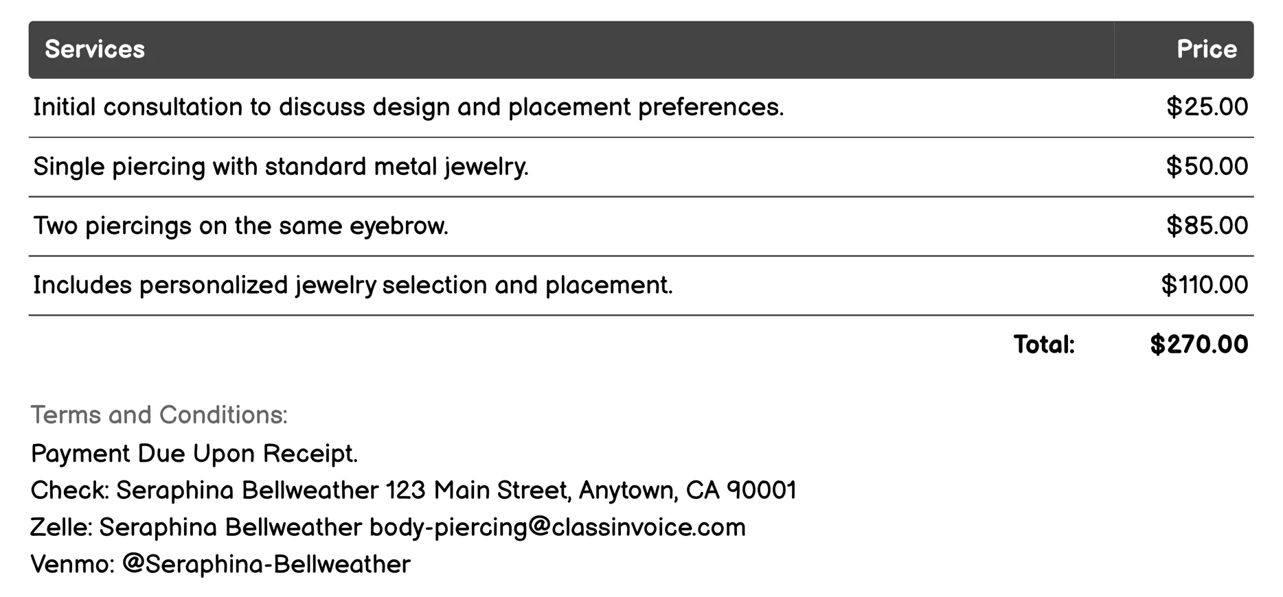 Eyebrow Piercing Invoice Example