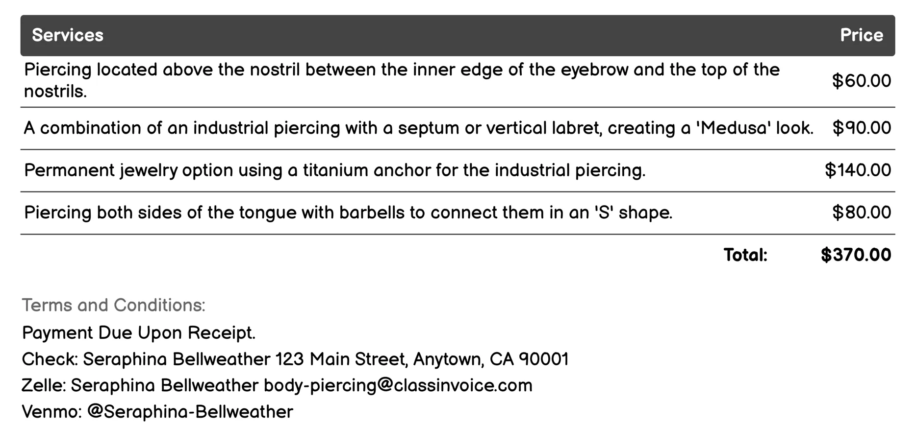 Industrial Piercing Invoice Example
