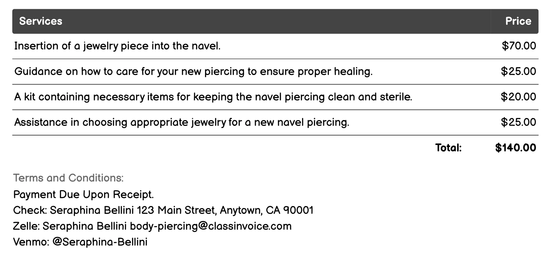 Navel Piercing Invoice Example