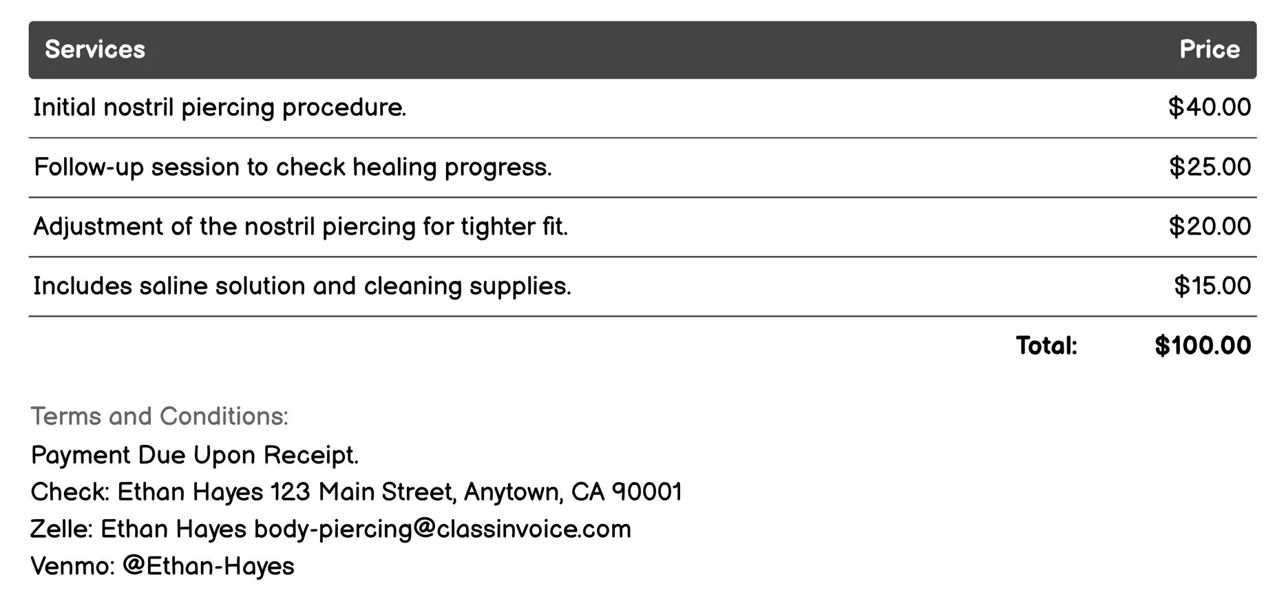 Nostril Piercing Invoice Example