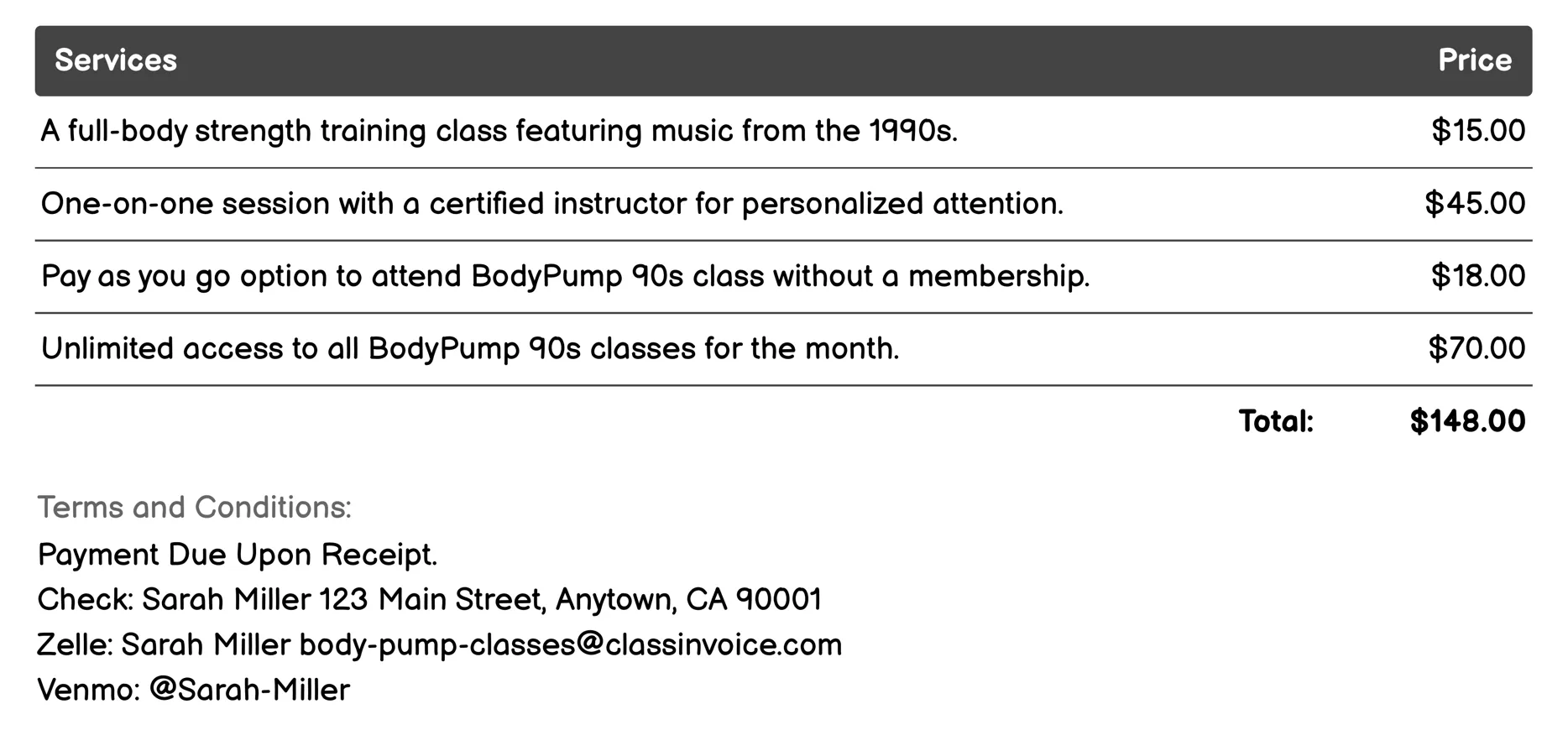 BodyPump 90s Invoice Example