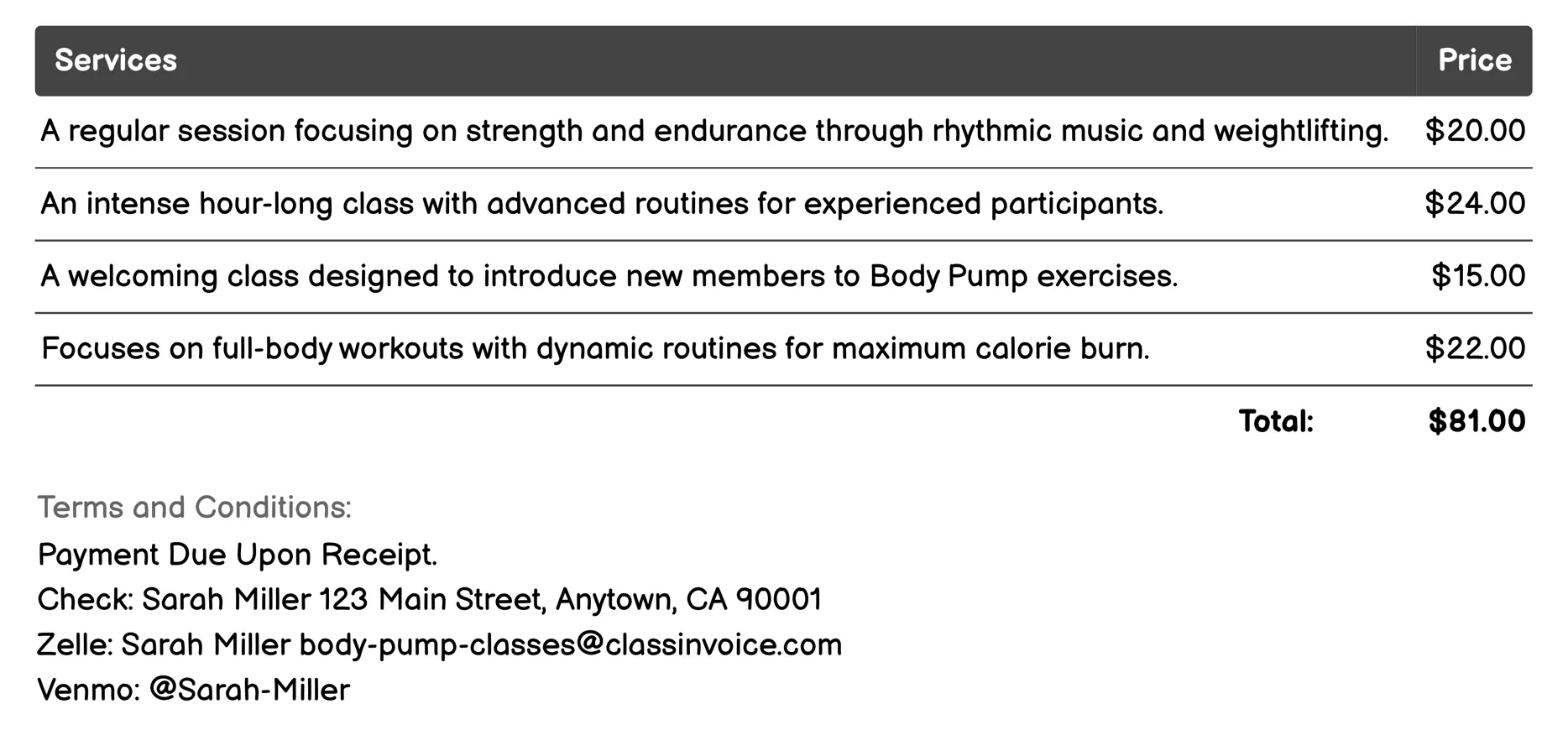 BodyPump Bootcamp Invoice Example