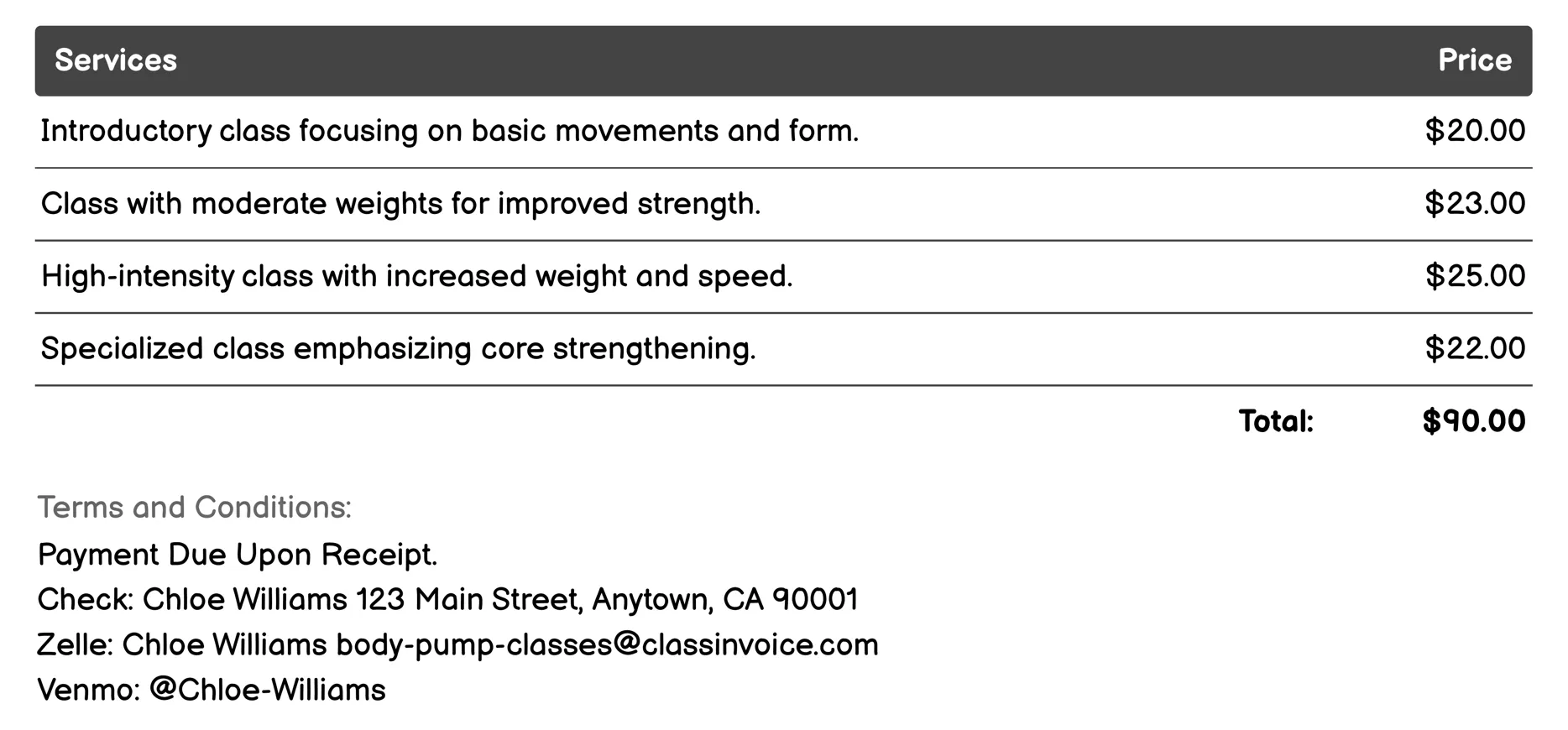 BodyPump Core Focus Invoice Example