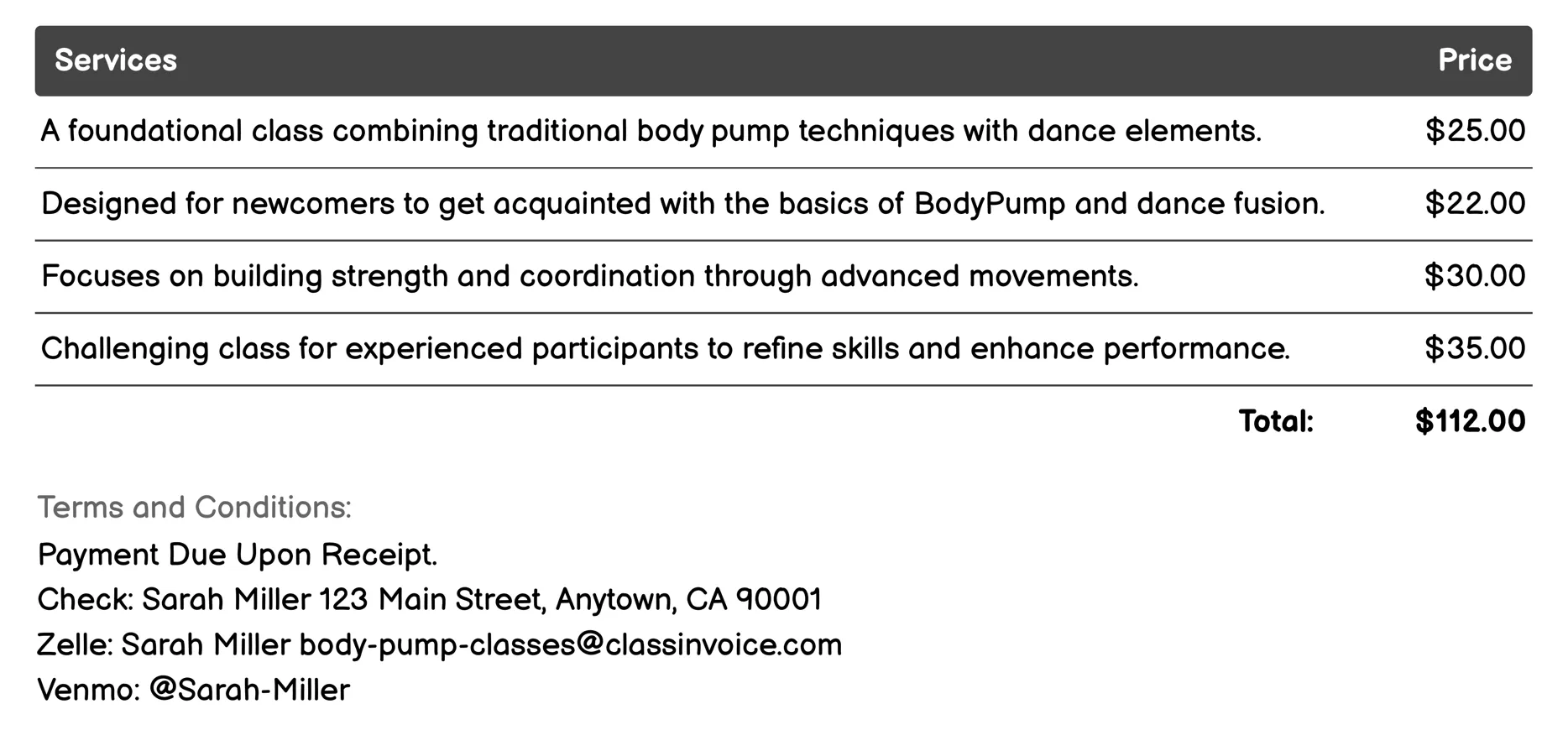 BodyPump Dance Fusion Invoice Example