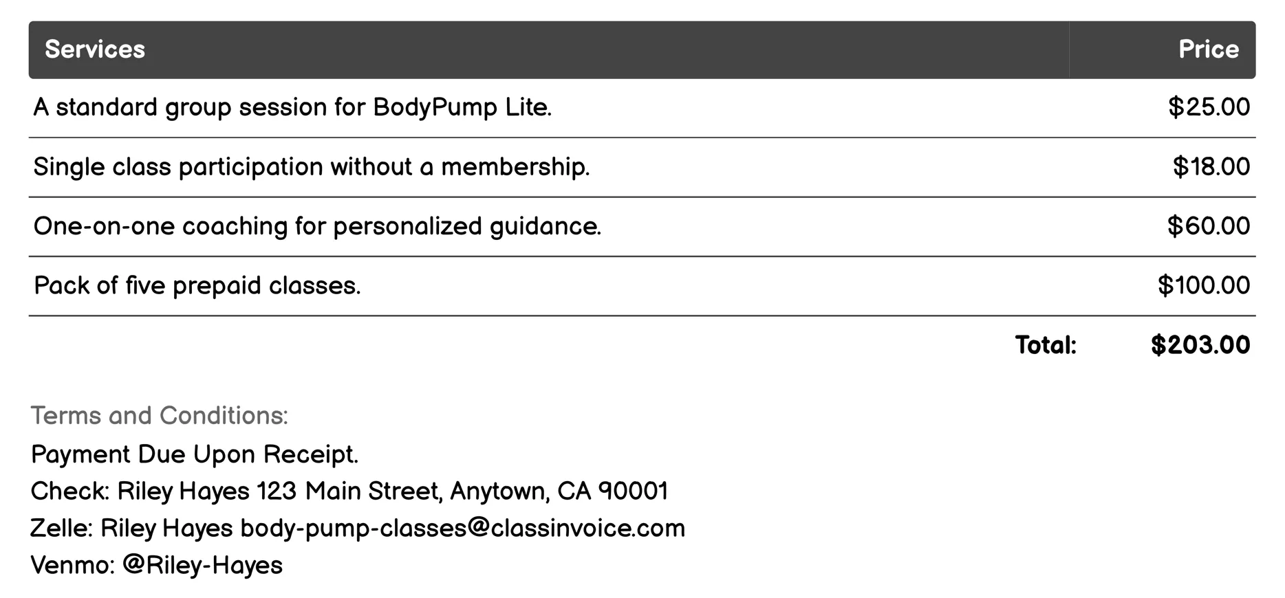 BodyPump Lite Invoice Example
