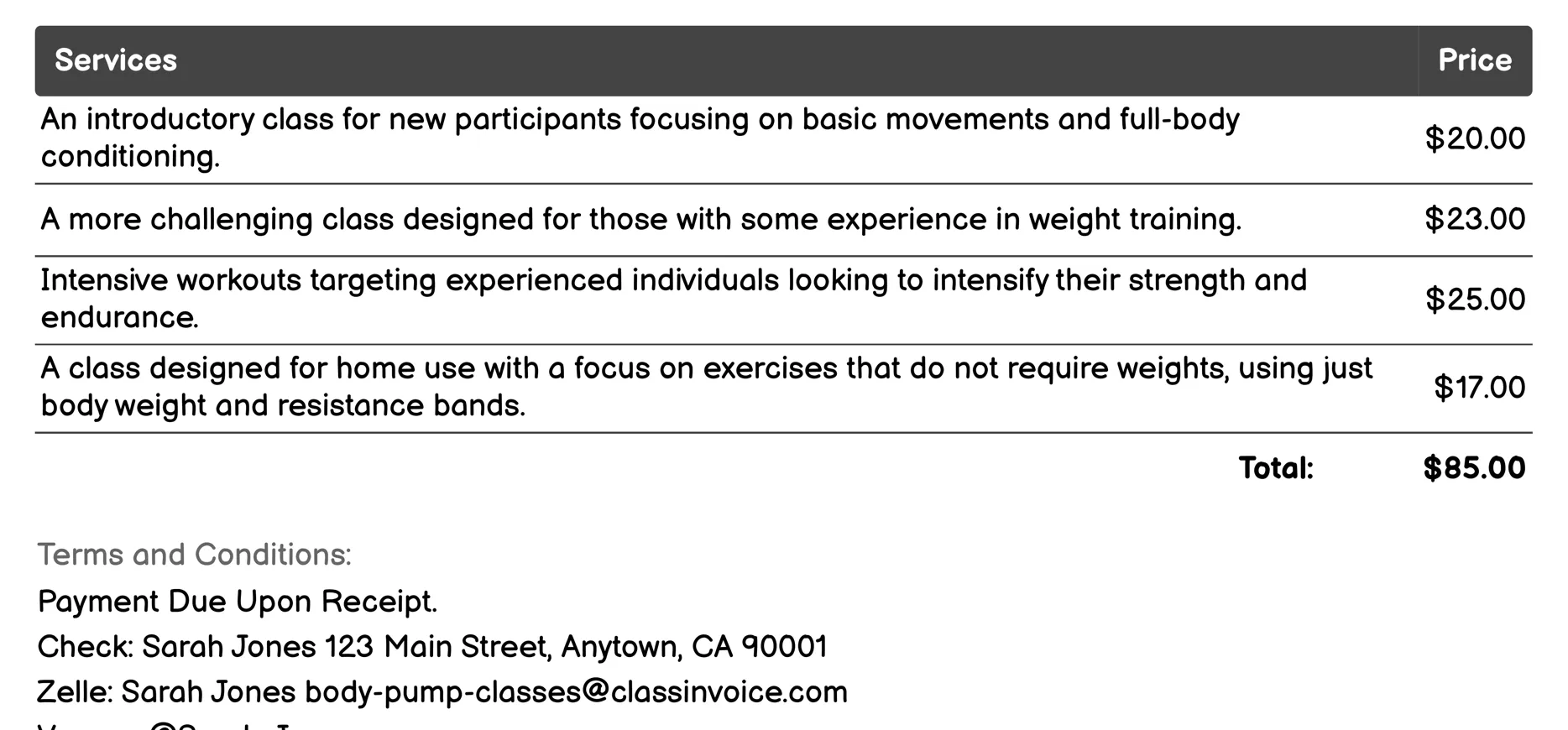 BodyPump Sculpt Invoice Example