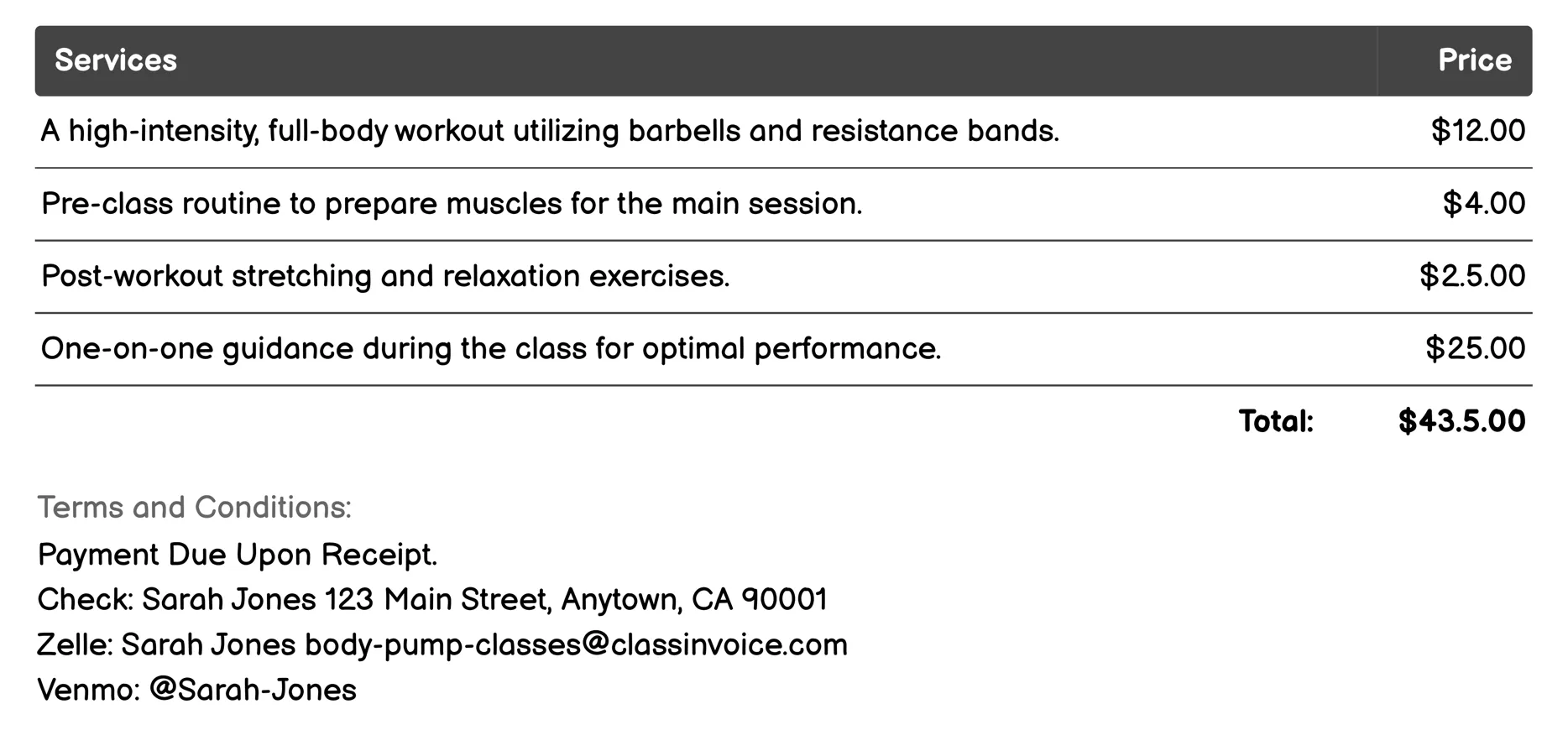 Standard BodyPump Class Invoice Example