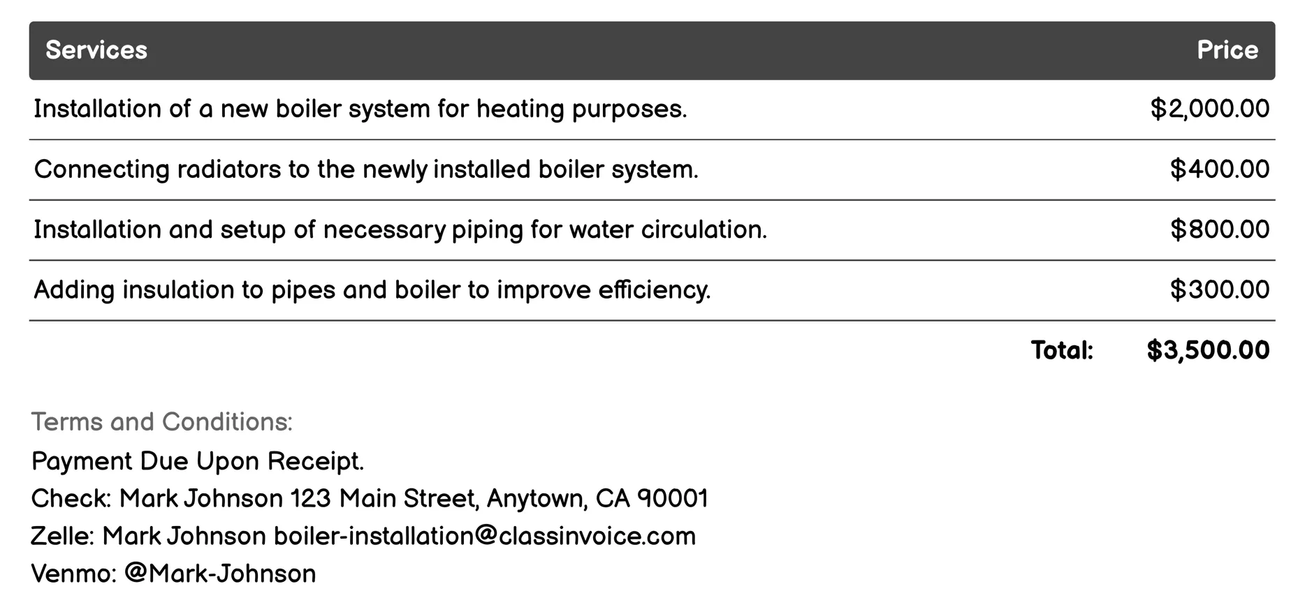 Radiator Installation & Balancing Invoice Example