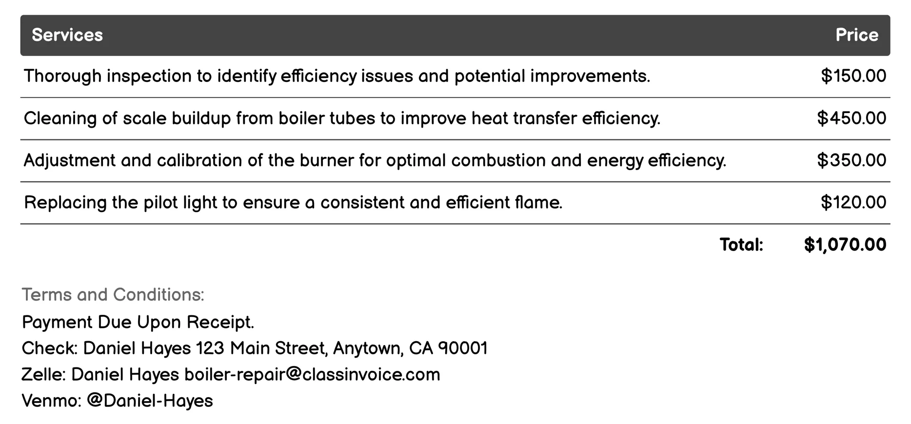 Efficiency Improvements Invoice Example