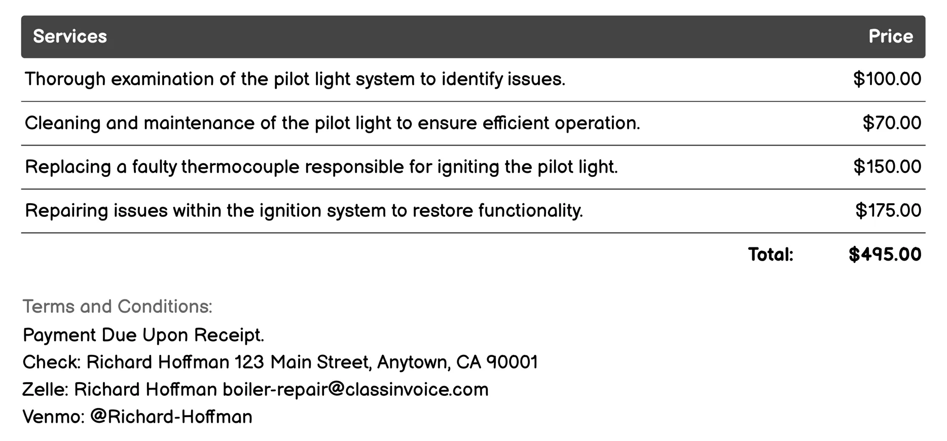 Pilot Light Repair Invoice Example