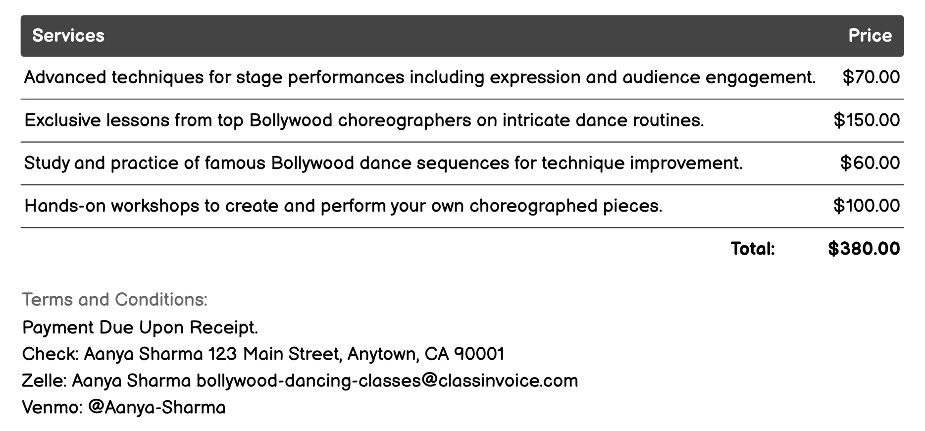 Advanced Bollywood Choreography Invoice Example