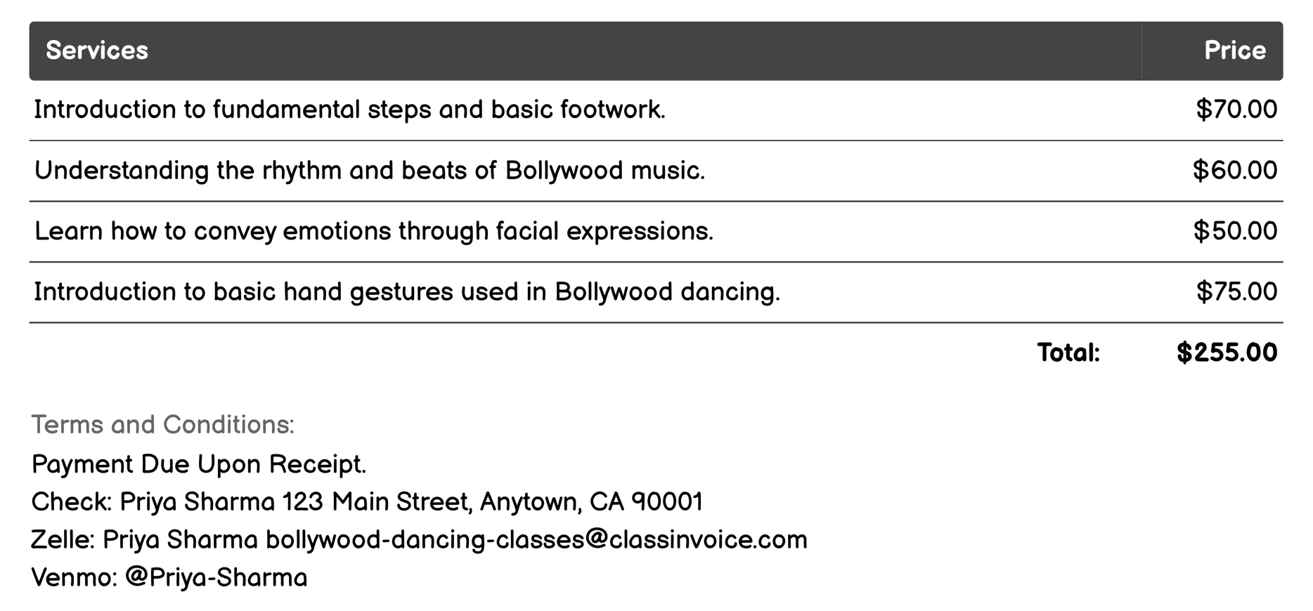Beginner Bollywood Dance Invoice Example