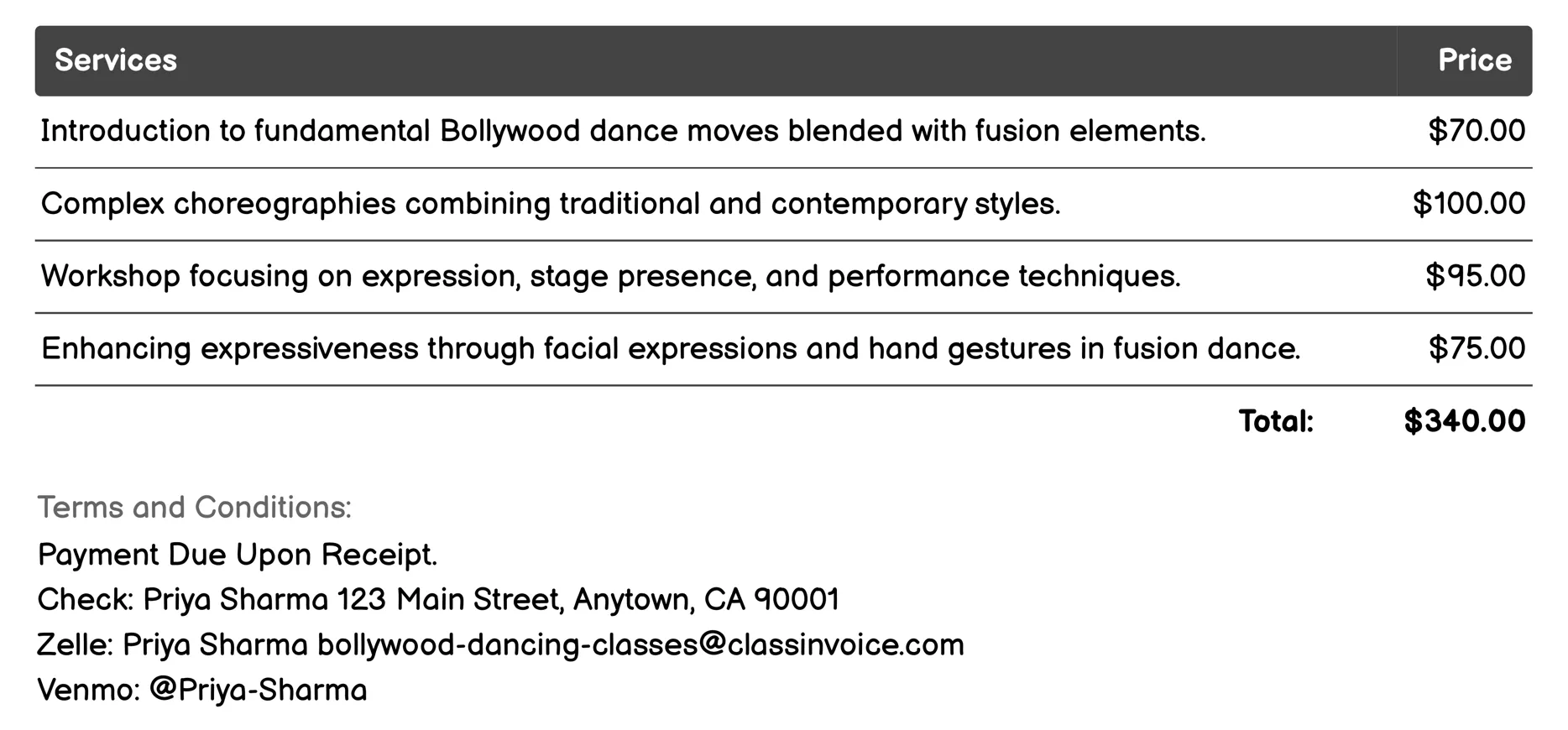 Bollywood Fusion Classes Invoice Example
